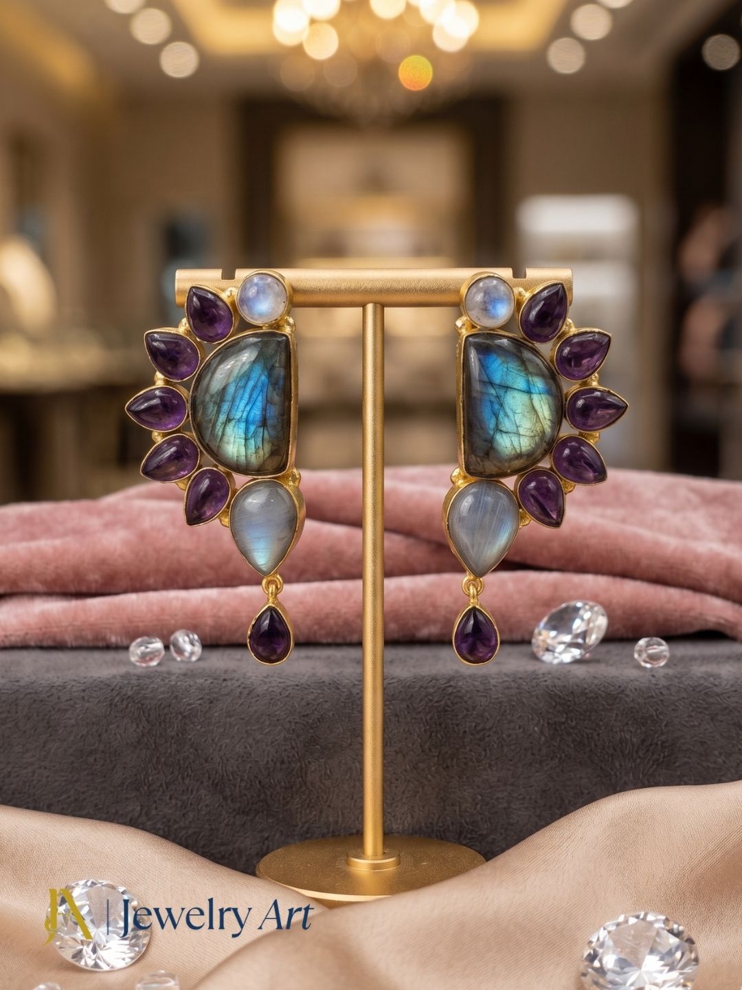 Premium handcrafted multi gemstone drop earrings on display stand – labradorite amethyst monalisa designer jewelry
