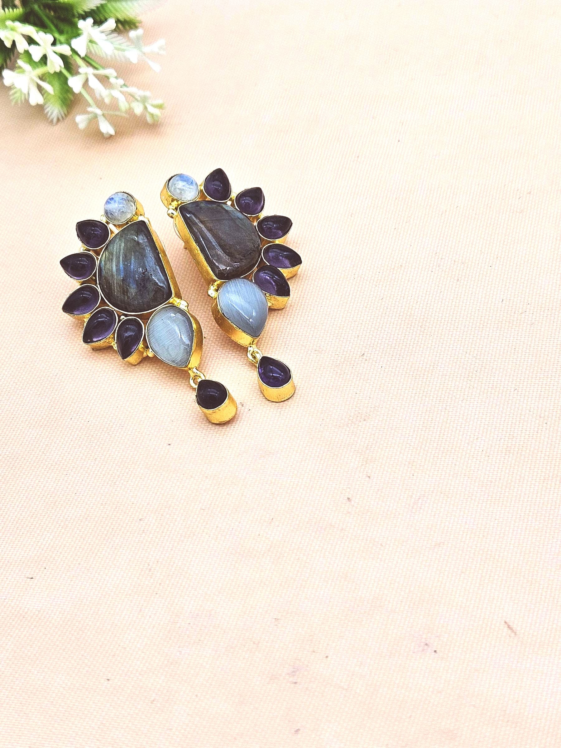 Premium Handcrafted Labradorite-Amethyst-Monalisa Designer Party Wear Drop Earrings