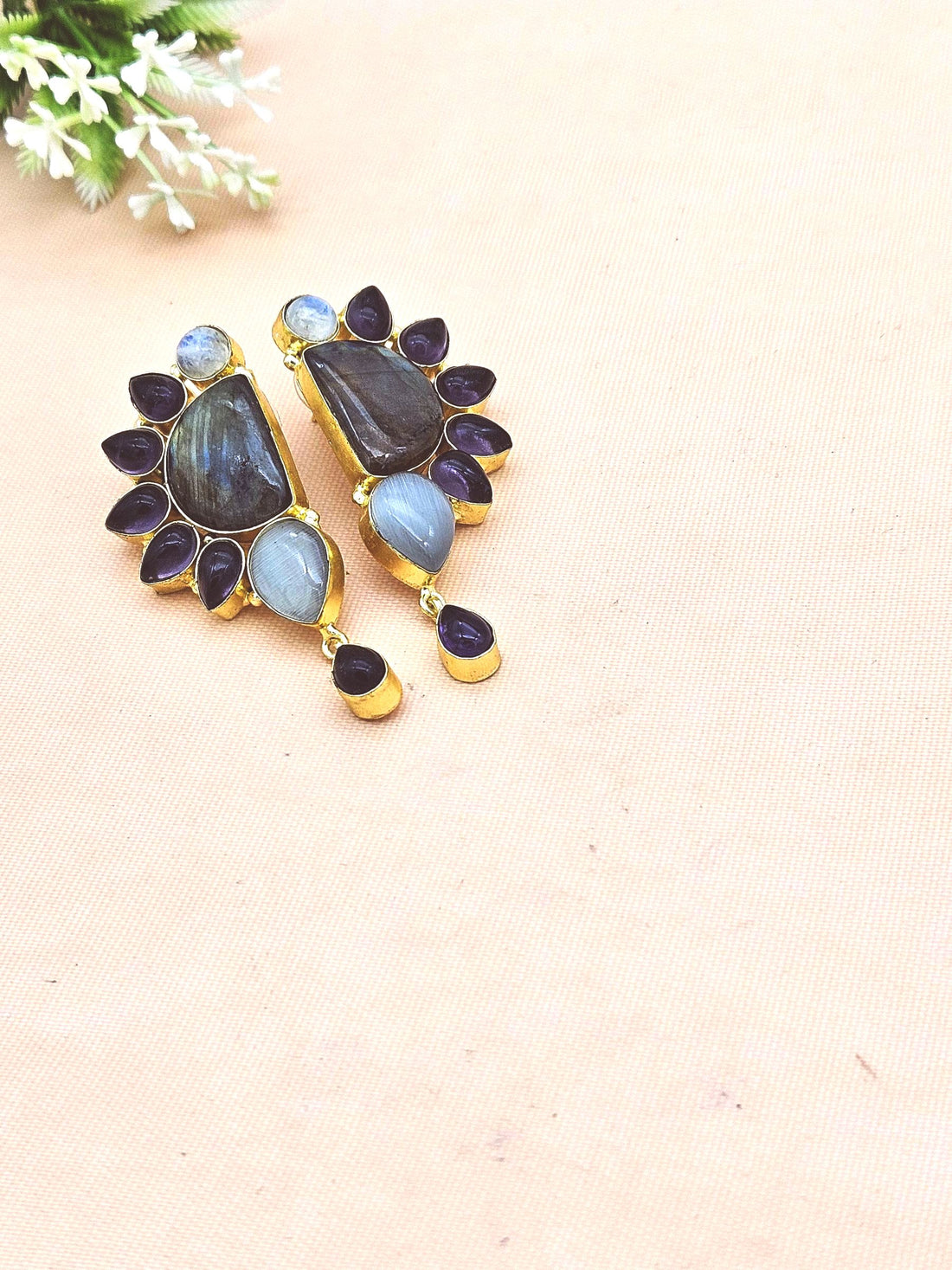 Premium Handcrafted Labradorite-Amethyst-Monalisa Designer Party Wear Drop Earrings