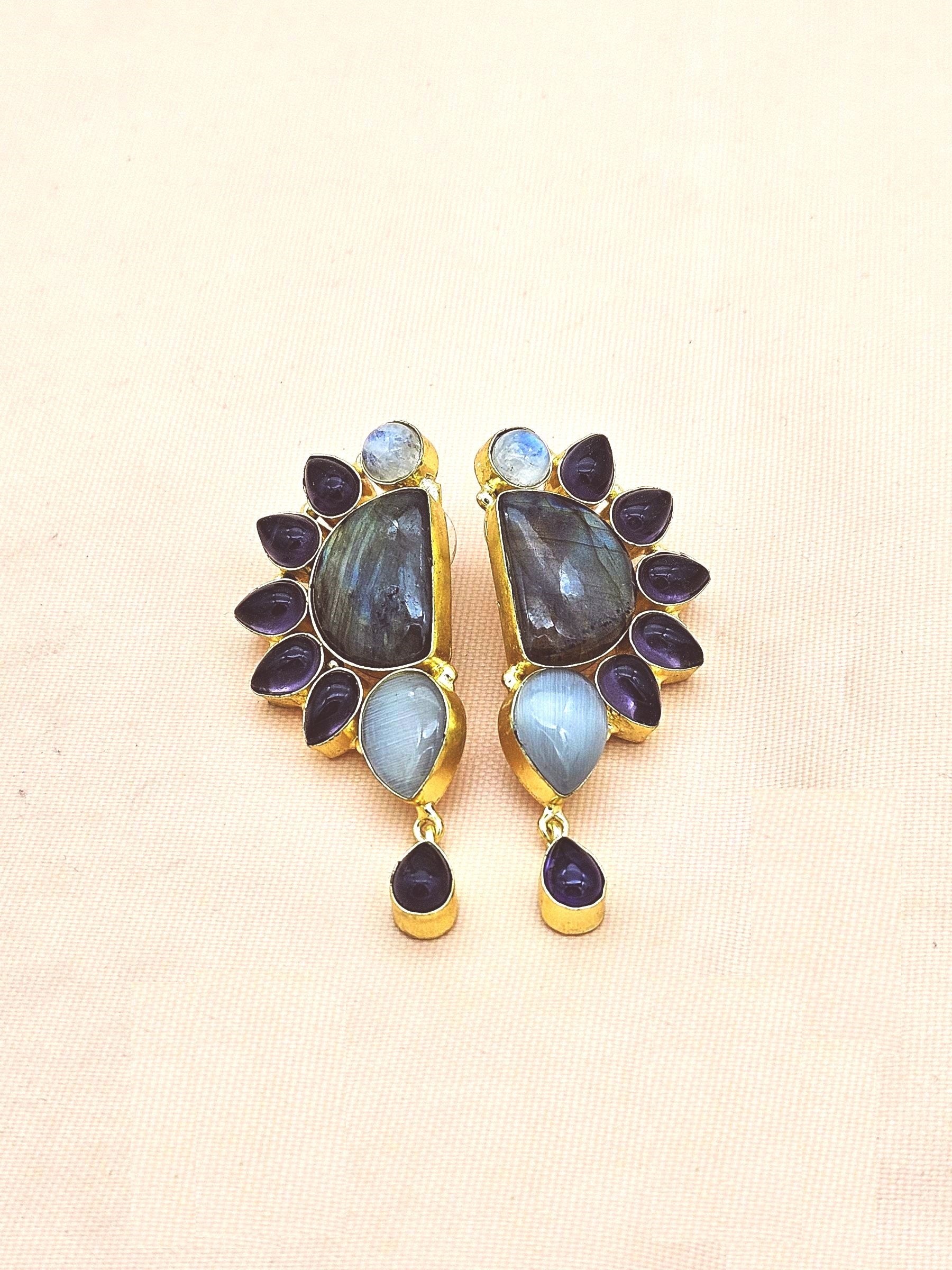 Premium Handcrafted Labradorite-Amethyst-Monalisa Designer Party Wear Drop Earrings