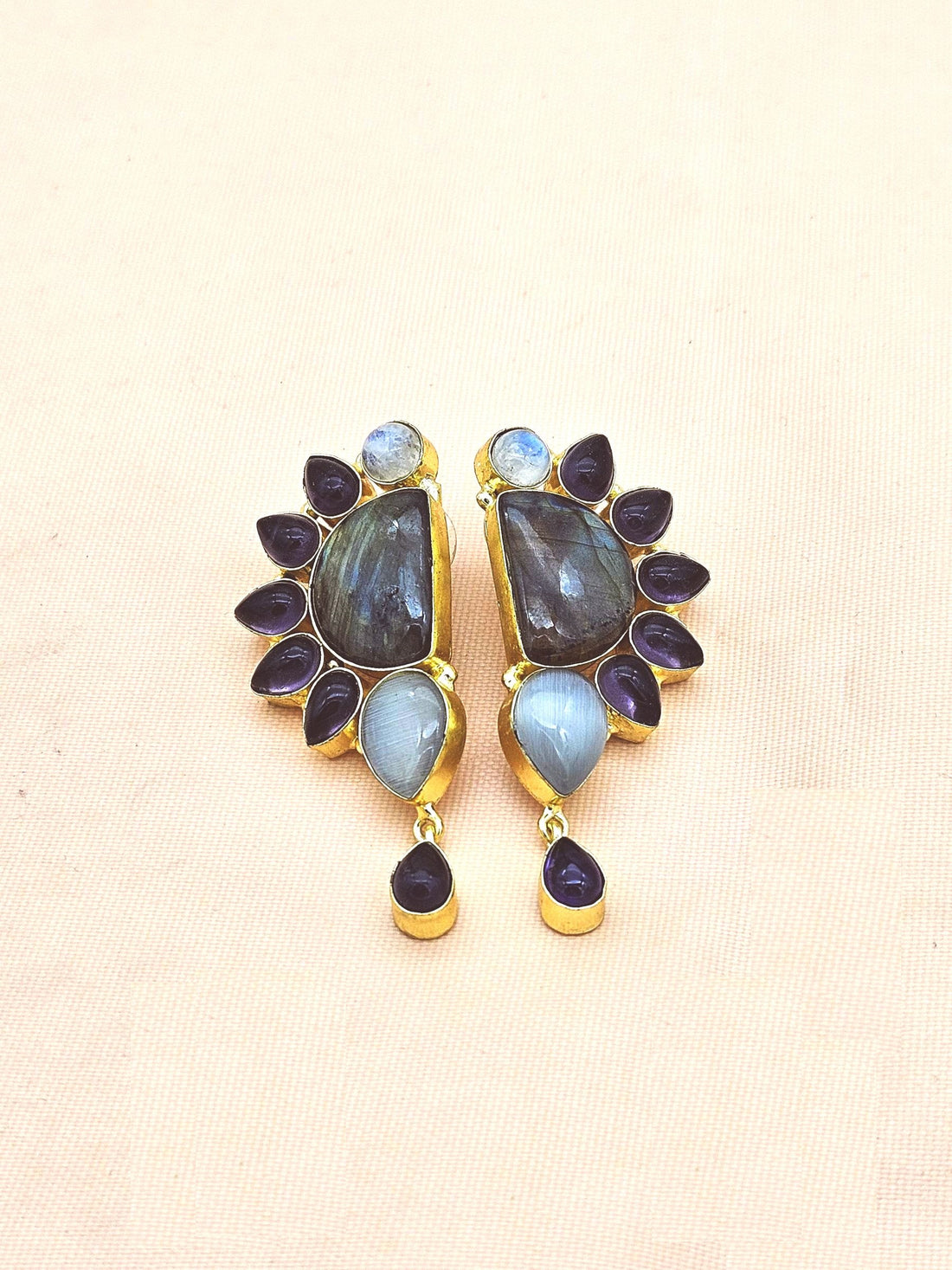 Premium Handcrafted Labradorite-Amethyst-Monalisa Designer Party Wear Drop Earrings