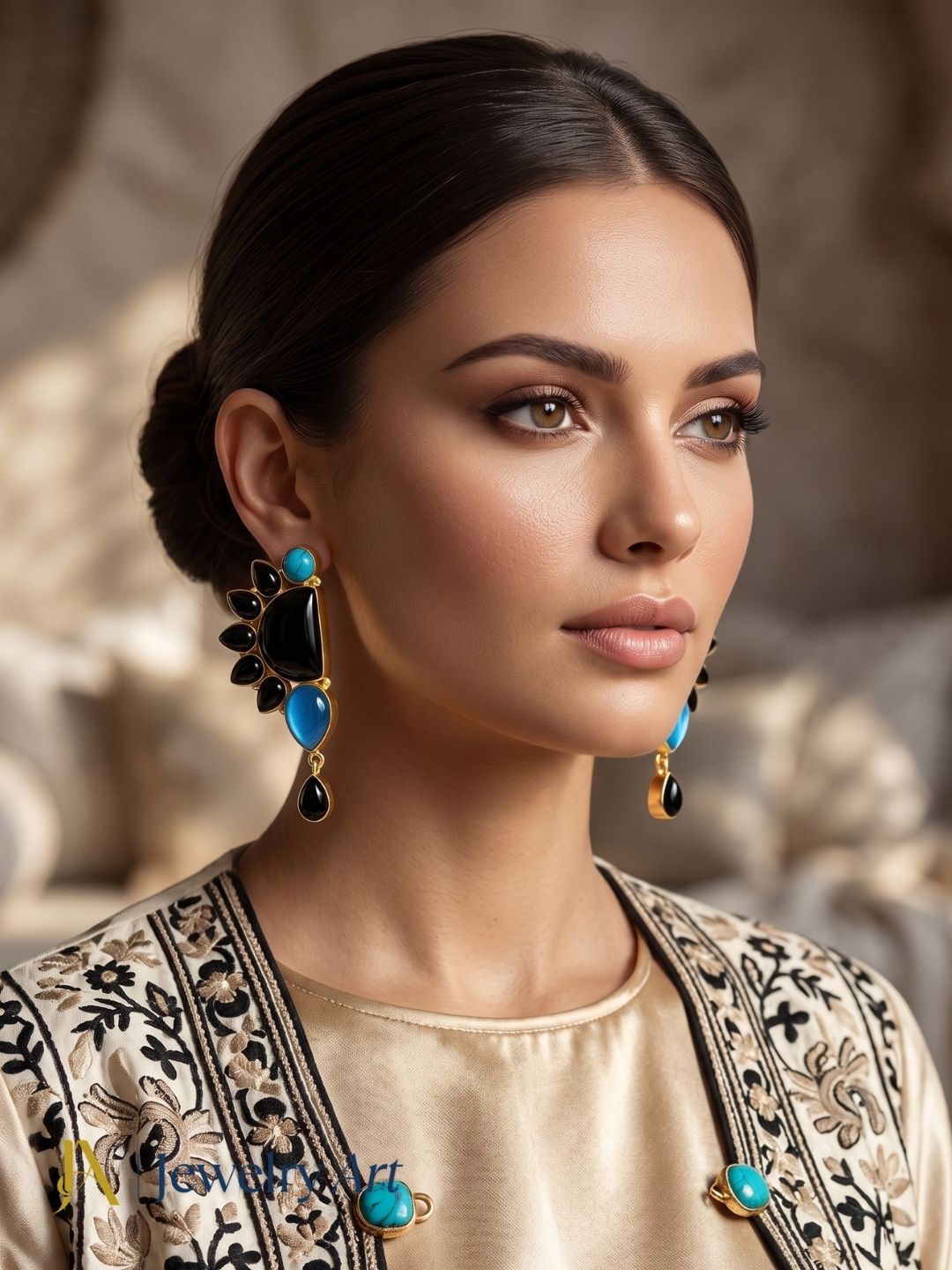 Modern artisan earrings featuring black onyx, Monalisa stones, and turquoise elegance
