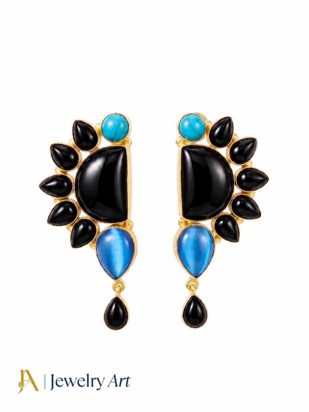 Gorgeous Artisan Black Onyx-Monalisa-Turquoise Gold Plated Handcrafted Drop Earrings
