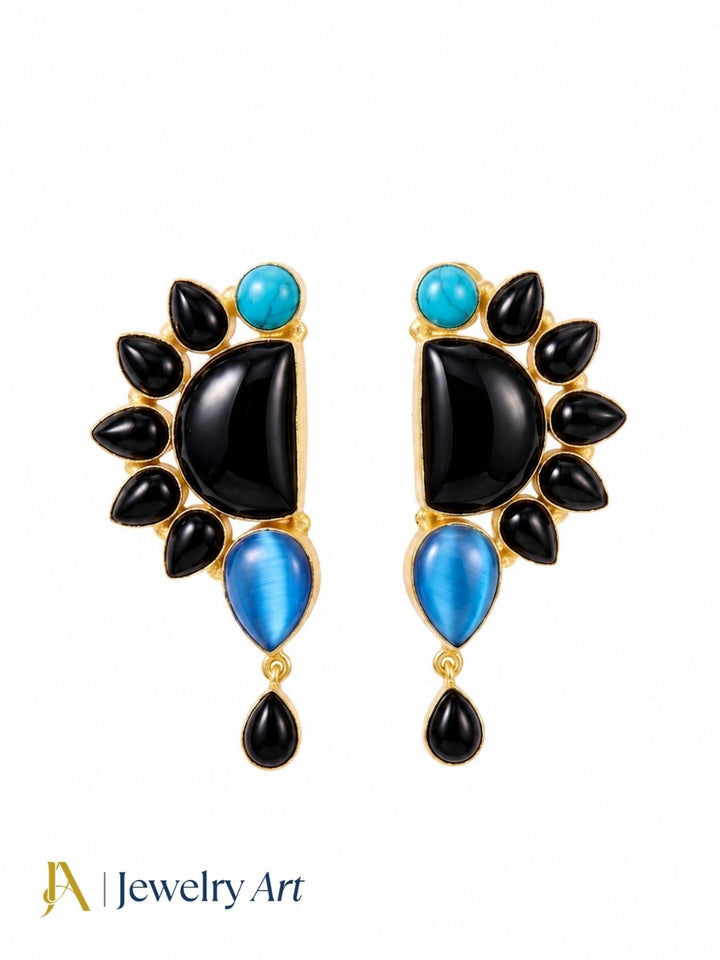 Gorgeous Artisan Black Onyx-Monalisa-Turquoise Gold Plated Handcrafted Drop Earrings
