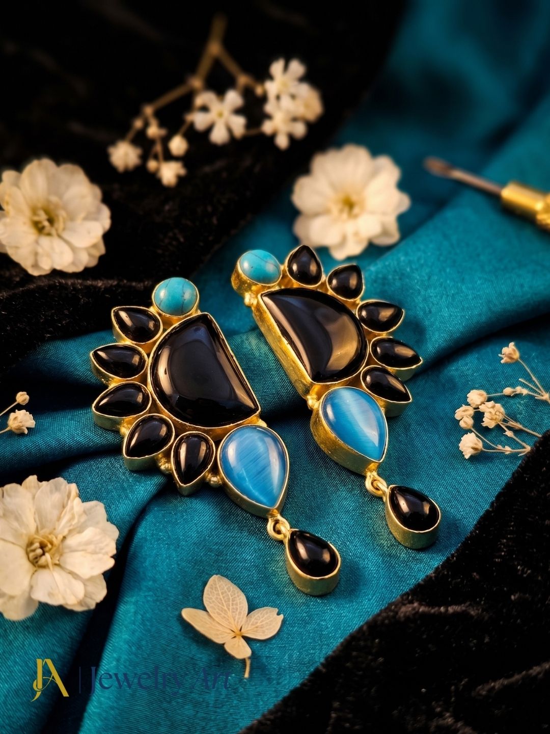 Gorgeous Artisan Black Onyx-Monalisa-Turquoise Gold Plated Handcrafted Drop Earrings