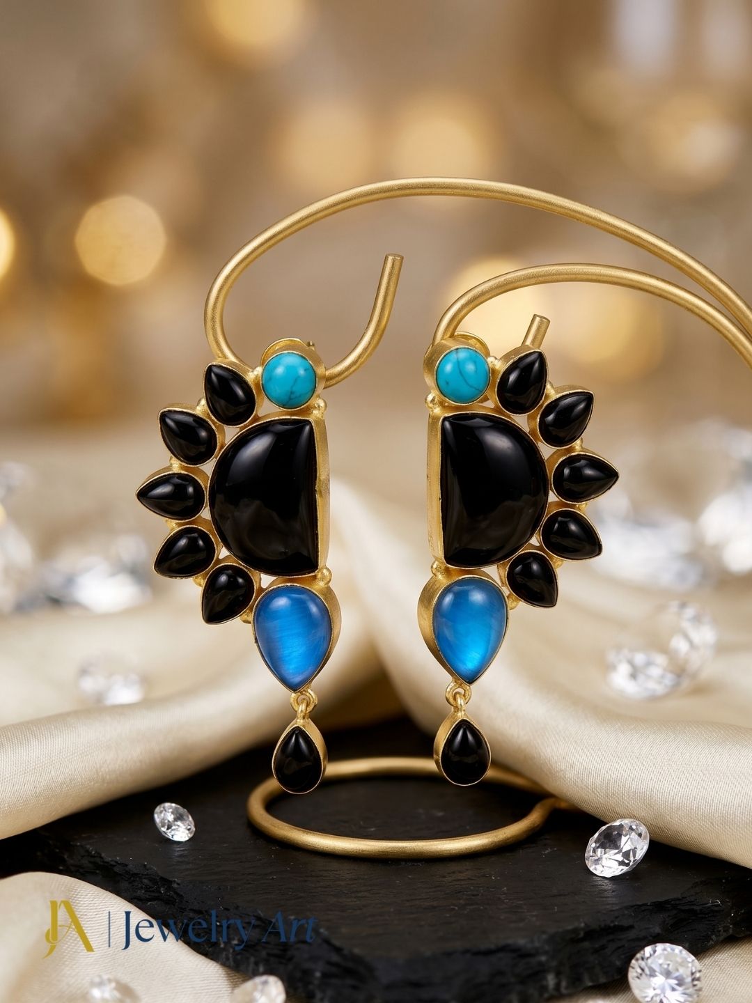 Gorgeous Artisan Black Onyx-Monalisa-Turquoise Gold Plated Handcrafted Drop Earrings
