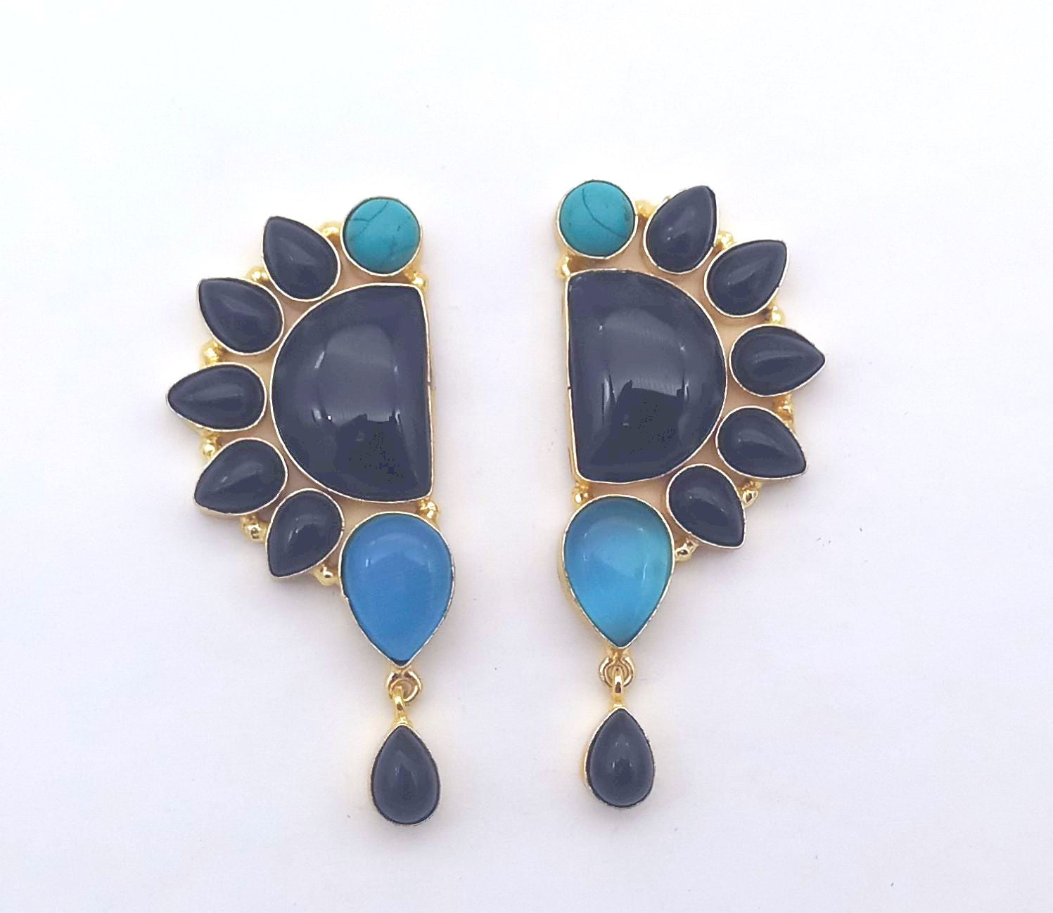 Gorgeous Artisan Black Onyx-Monalisa-Turquoise Gold Plated Handcrafted Drop Earrings