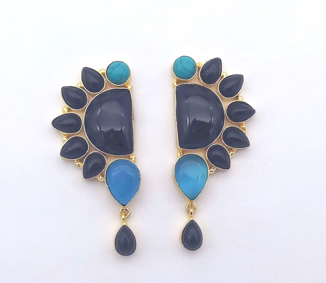 Gorgeous Artisan Black Onyx-Monalisa-Turquoise Gold Plated Handcrafted Drop Earrings