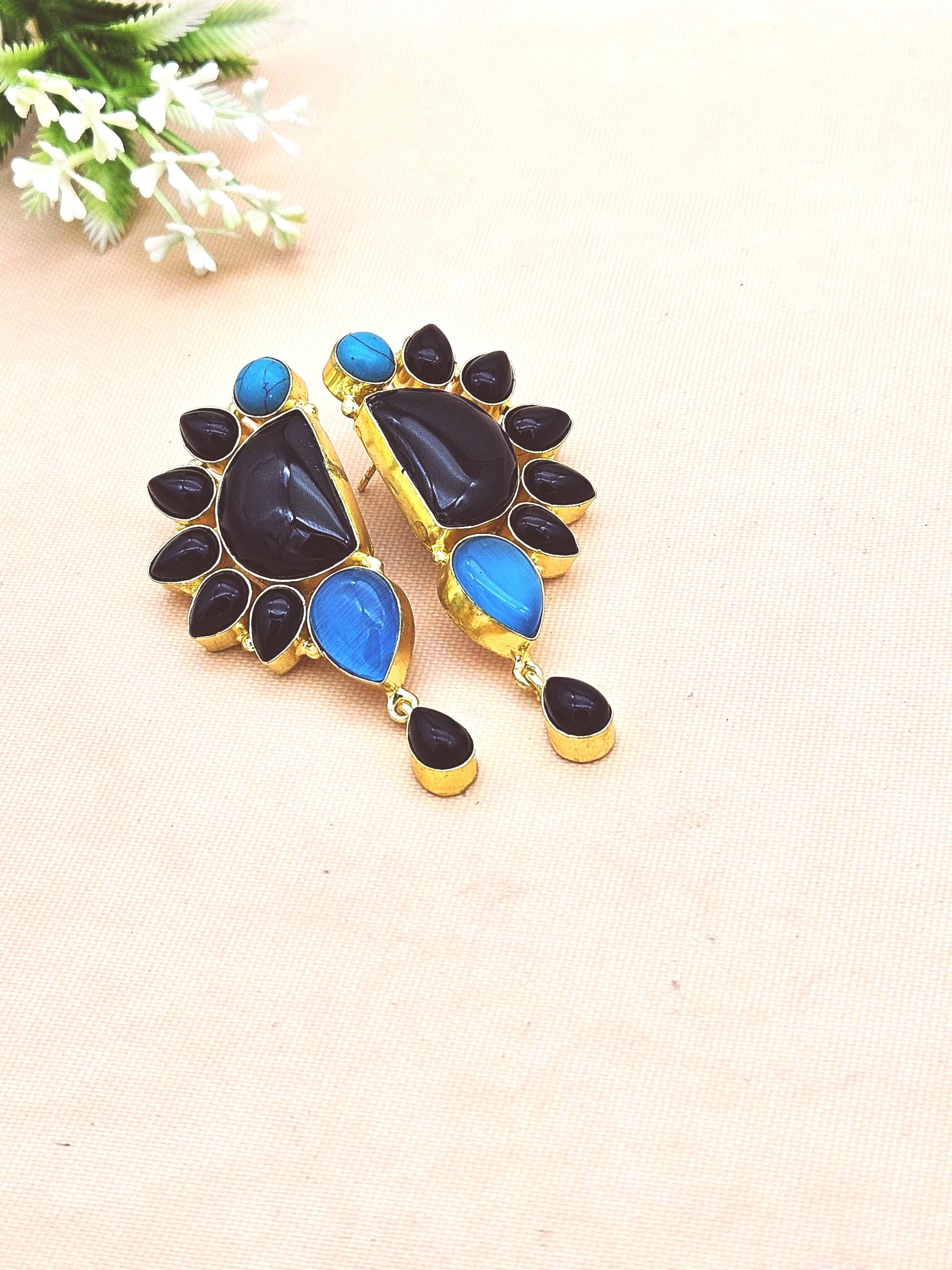 Gorgeous Artisan Black Onyx-Monalisa-Turquoise Gold Plated Handcrafted Drop Earrings