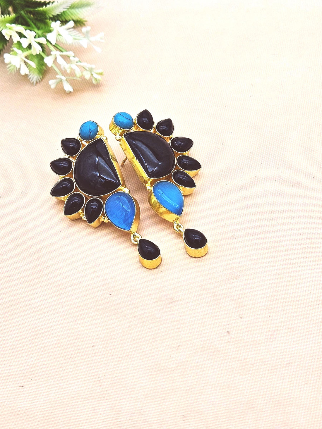 Gorgeous Artisan Black Onyx-Monalisa-Turquoise Gold Plated Handcrafted Drop Earrings