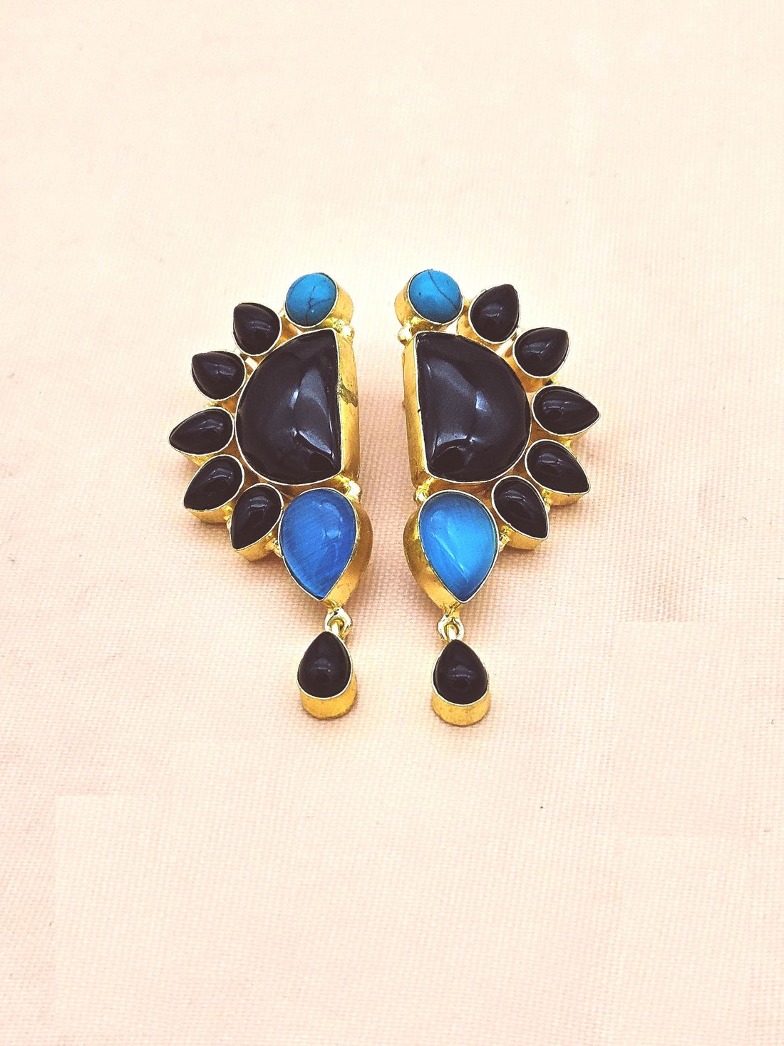 Gorgeous Artisan Black Onyx-Monalisa-Turquoise Gold Plated Handcrafted Drop Earrings