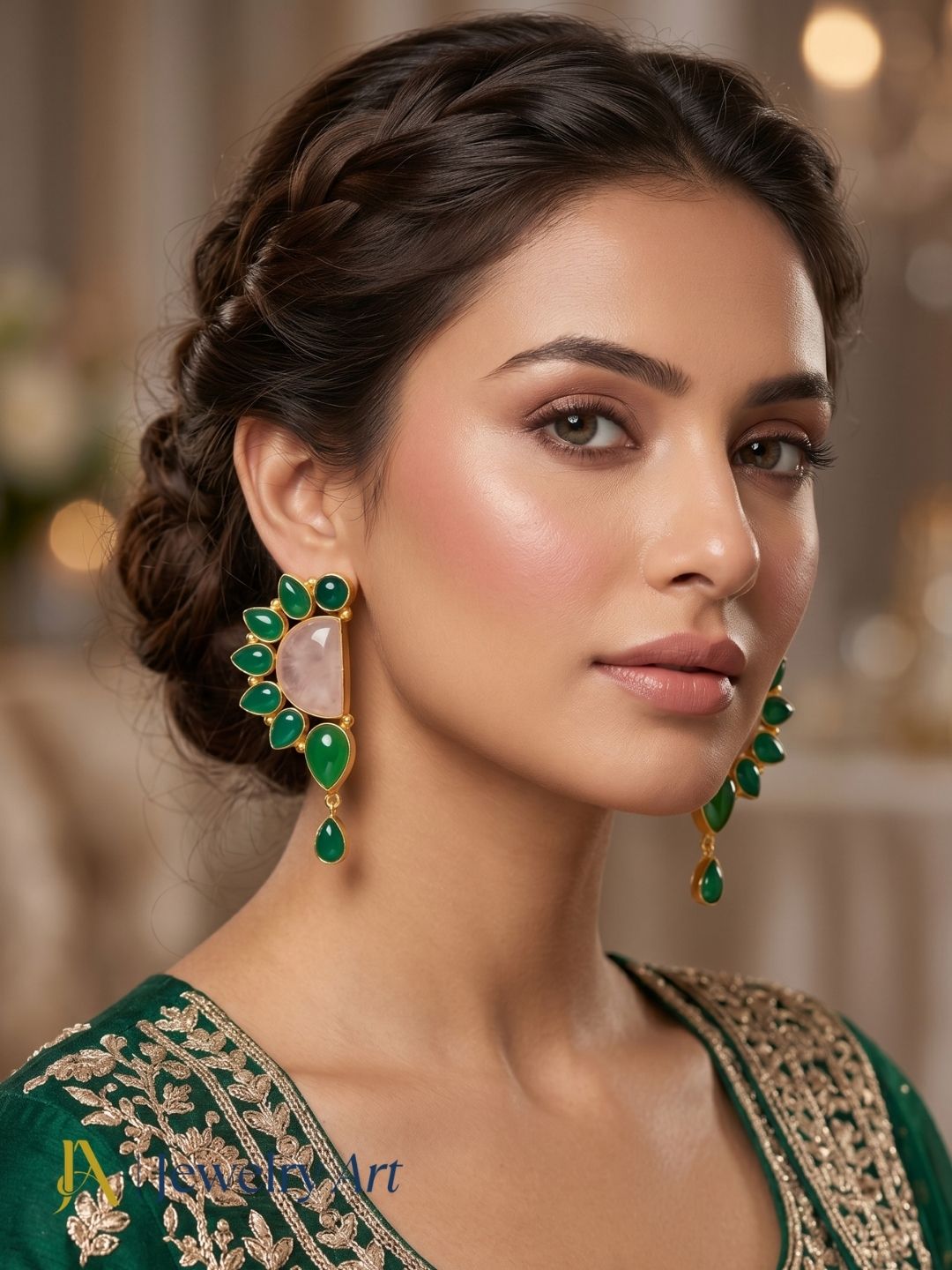 Handcrafted gold plated rose quartz green onyx multi gemstone designer dangle drop earrings for party wear

