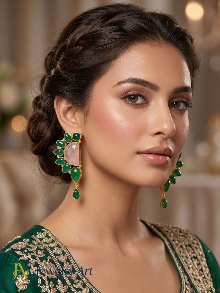 Handcrafted gold plated rose quartz green onyx multi gemstone designer dangle drop earrings for party wear
