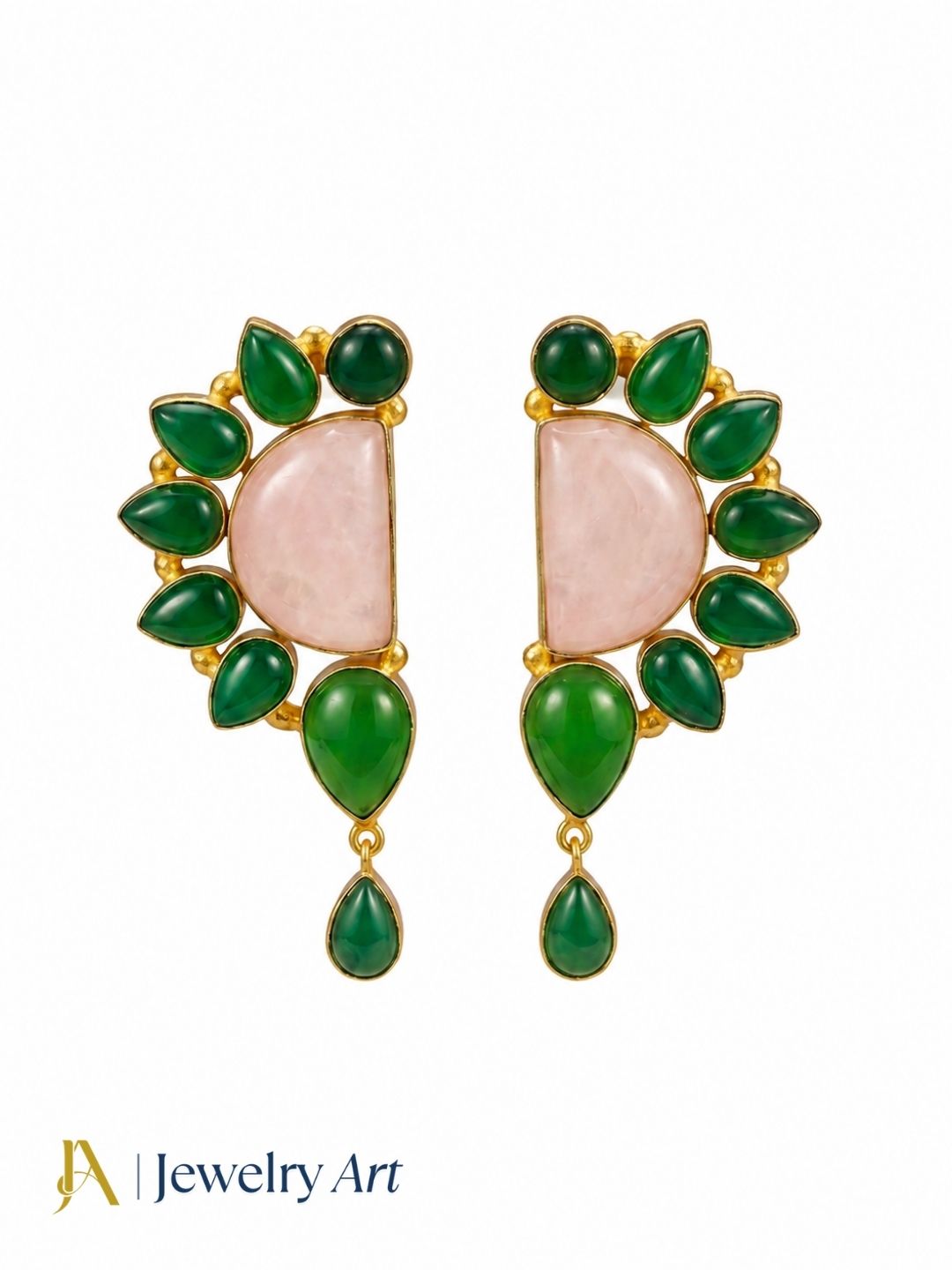 Close-up of natural rose quartz and green onyx gemstones in gold plated earring setting
