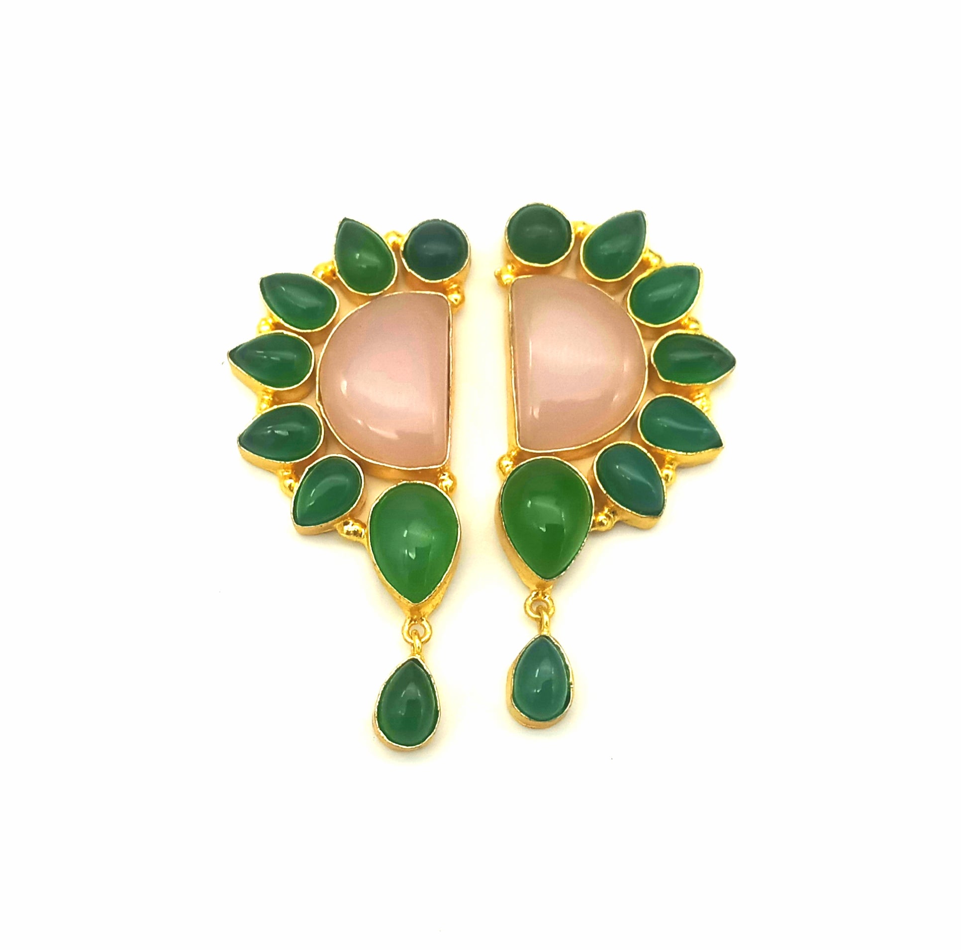 Handcrafted Gold Plated Rose Qtz-Green Onyx Multi Gemstone Charming Designer Party Wear Dangle Drop Earrings