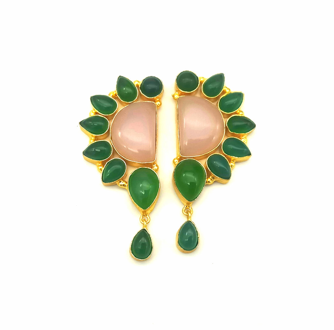 Handcrafted Gold Plated Rose Qtz-Green Onyx Multi Gemstone Charming Designer Party Wear Dangle Drop Earrings