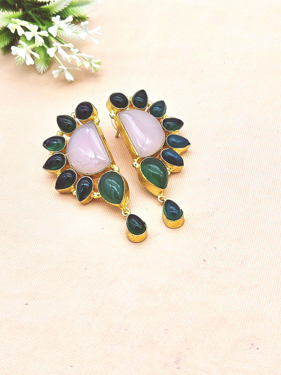 Handcrafted Gold Plated Rose Qtz-Green Onyx Multi Gemstone Charming Designer Party Wear Dangle Drop Earrings