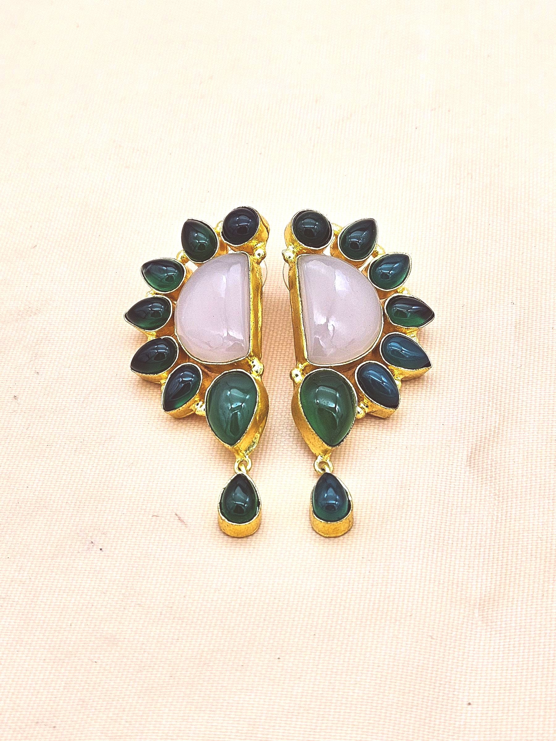Handcrafted Gold Plated Rose Qtz-Green Onyx Multi Gemstone Charming Designer Party Wear Dangle Drop Earrings