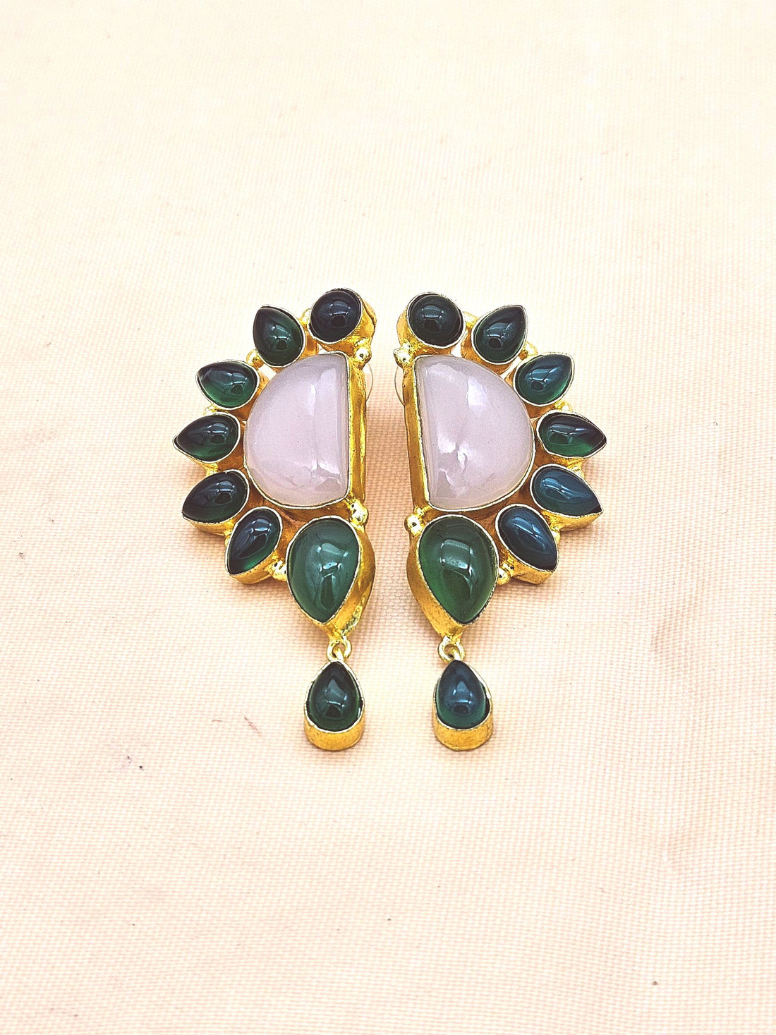 Handcrafted Gold Plated Rose Qtz-Green Onyx Multi Gemstone Charming Designer Party Wear Dangle Drop Earrings