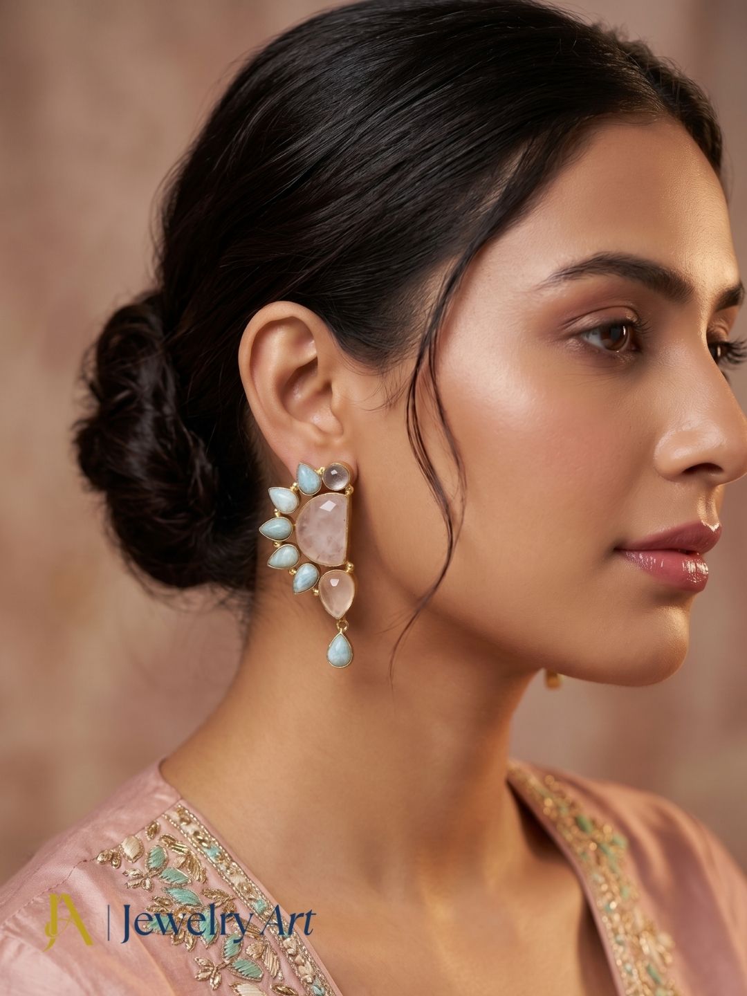Stylish women’s party wear earrings with rose quartz and amazonite embellishments
