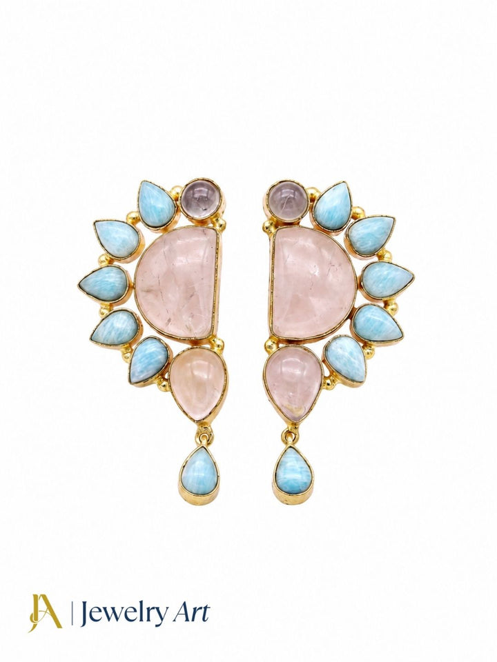 Elegant Gold Plated Rose Quartz-Amazonite Multi Gemstone Party Wear Designer Earrings