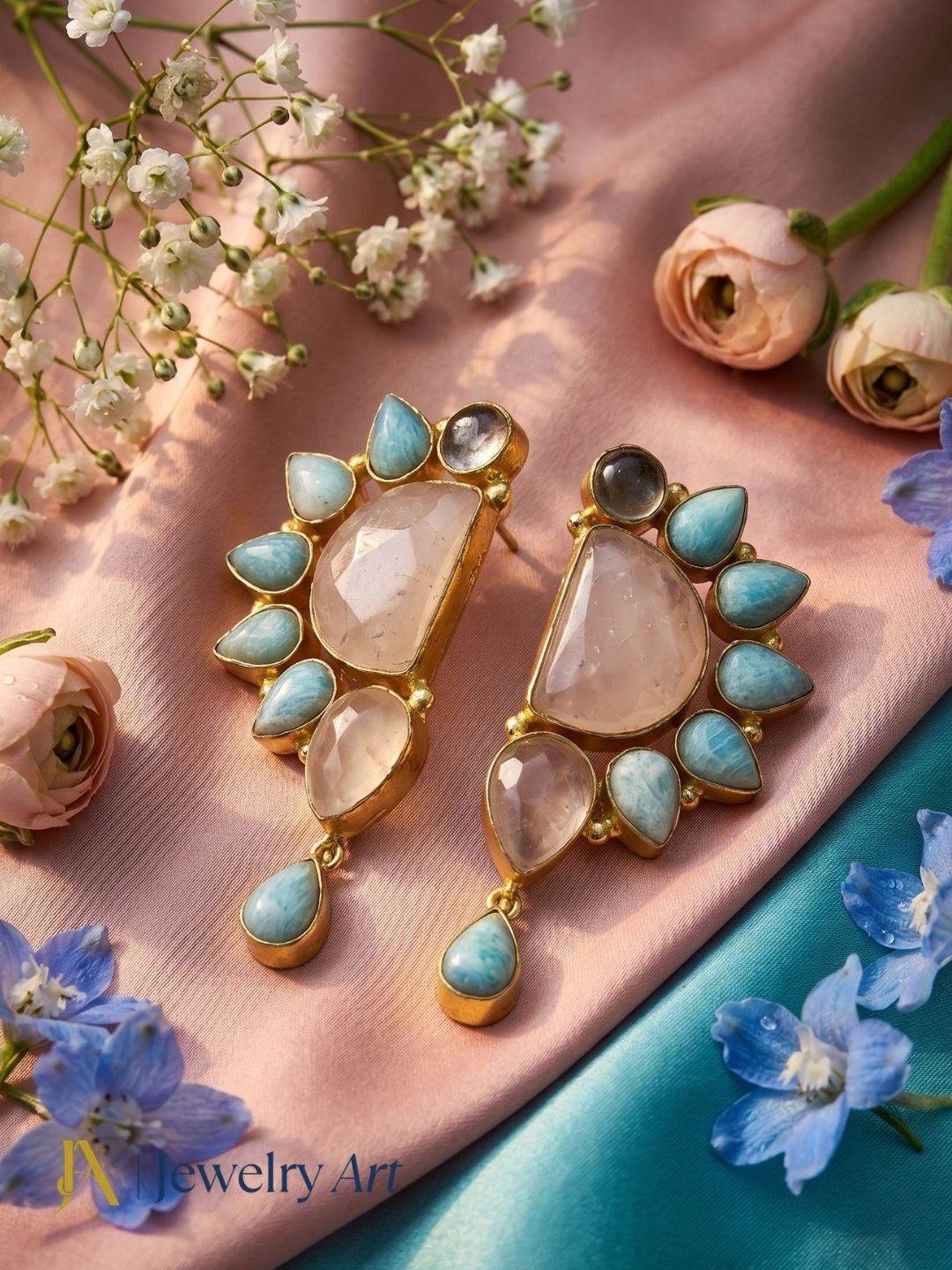 Elegant Gold Plated Rose Quartz-Amazonite Multi Gemstone Party Wear Designer Earrings