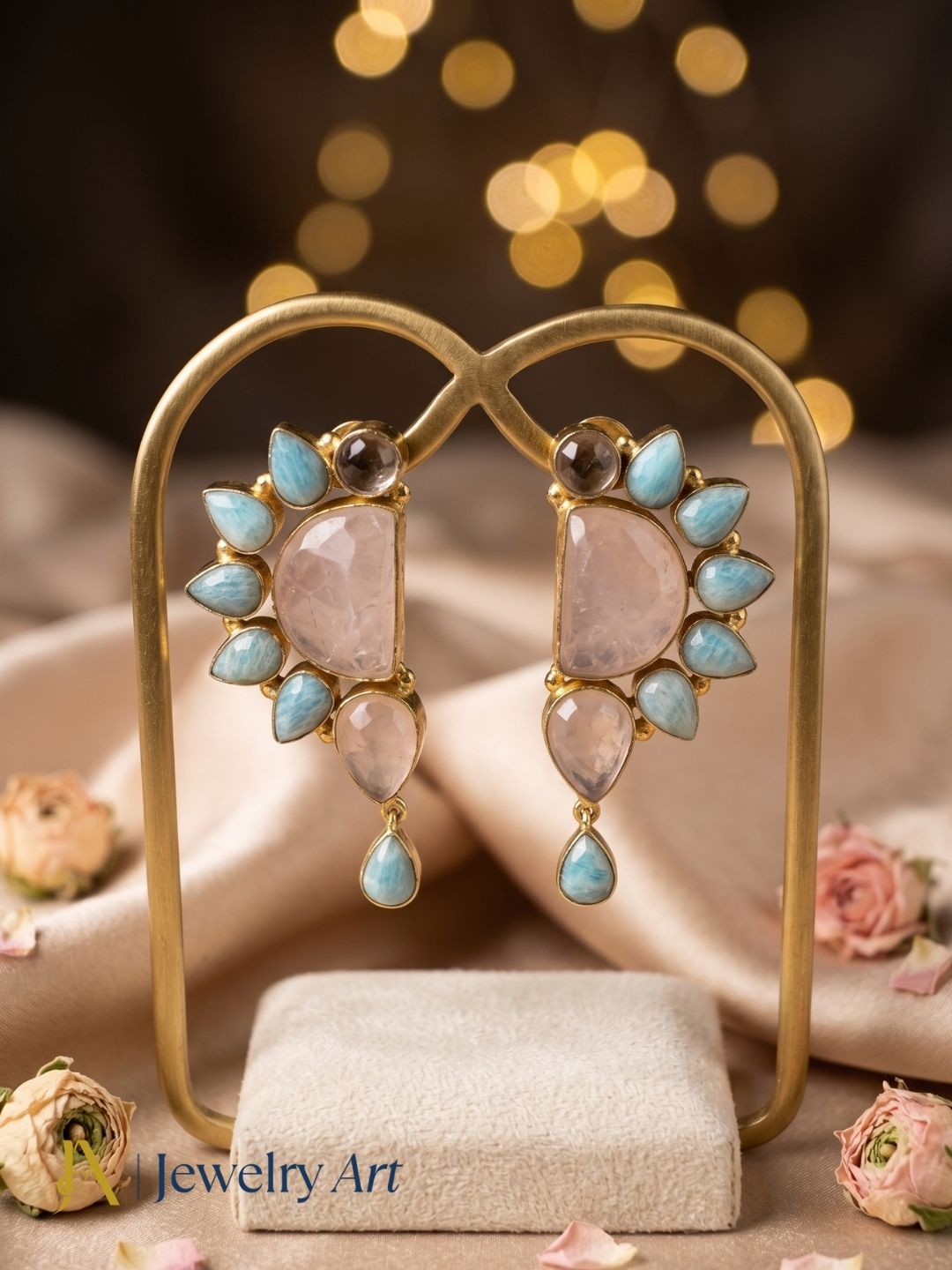 Elegant Gold Plated Rose Quartz-Amazonite Multi Gemstone Party Wear Designer Earrings
