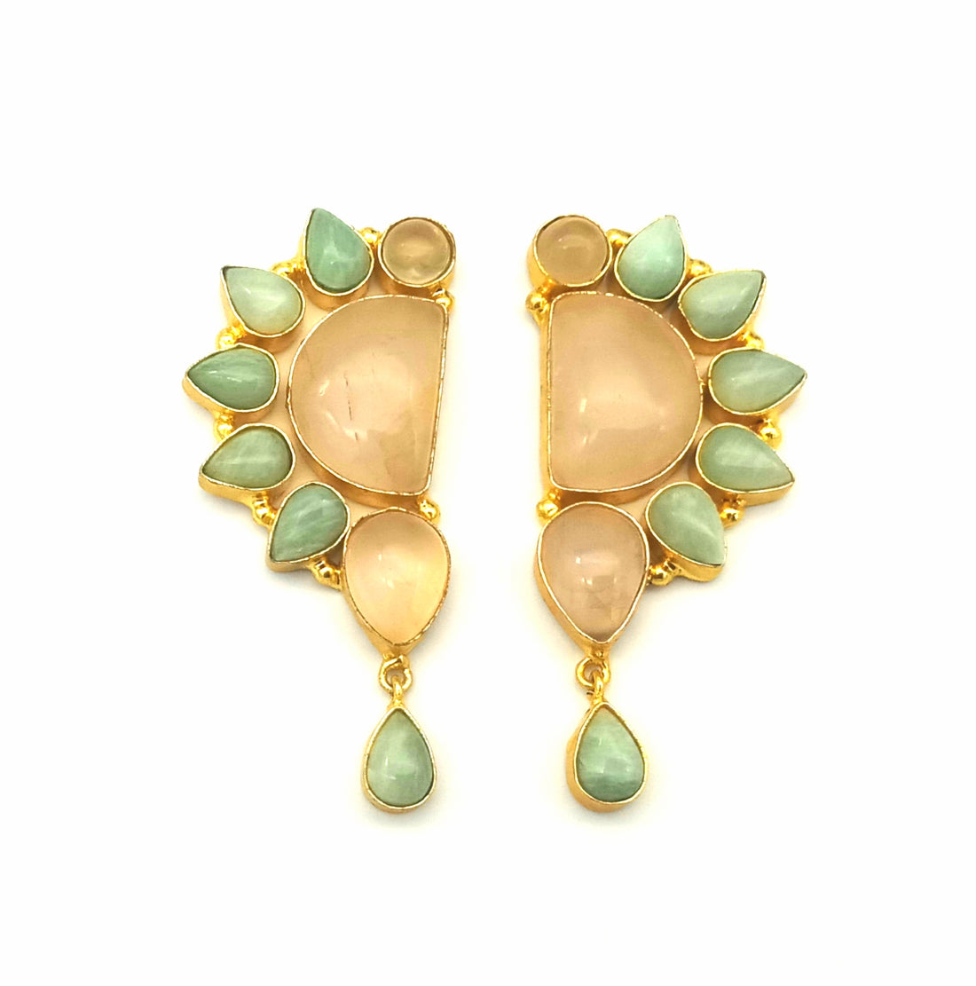 Elegant Gold Plated Rose Quartz-Amazonite Multi Gemstone Party Wear Designer Earrings