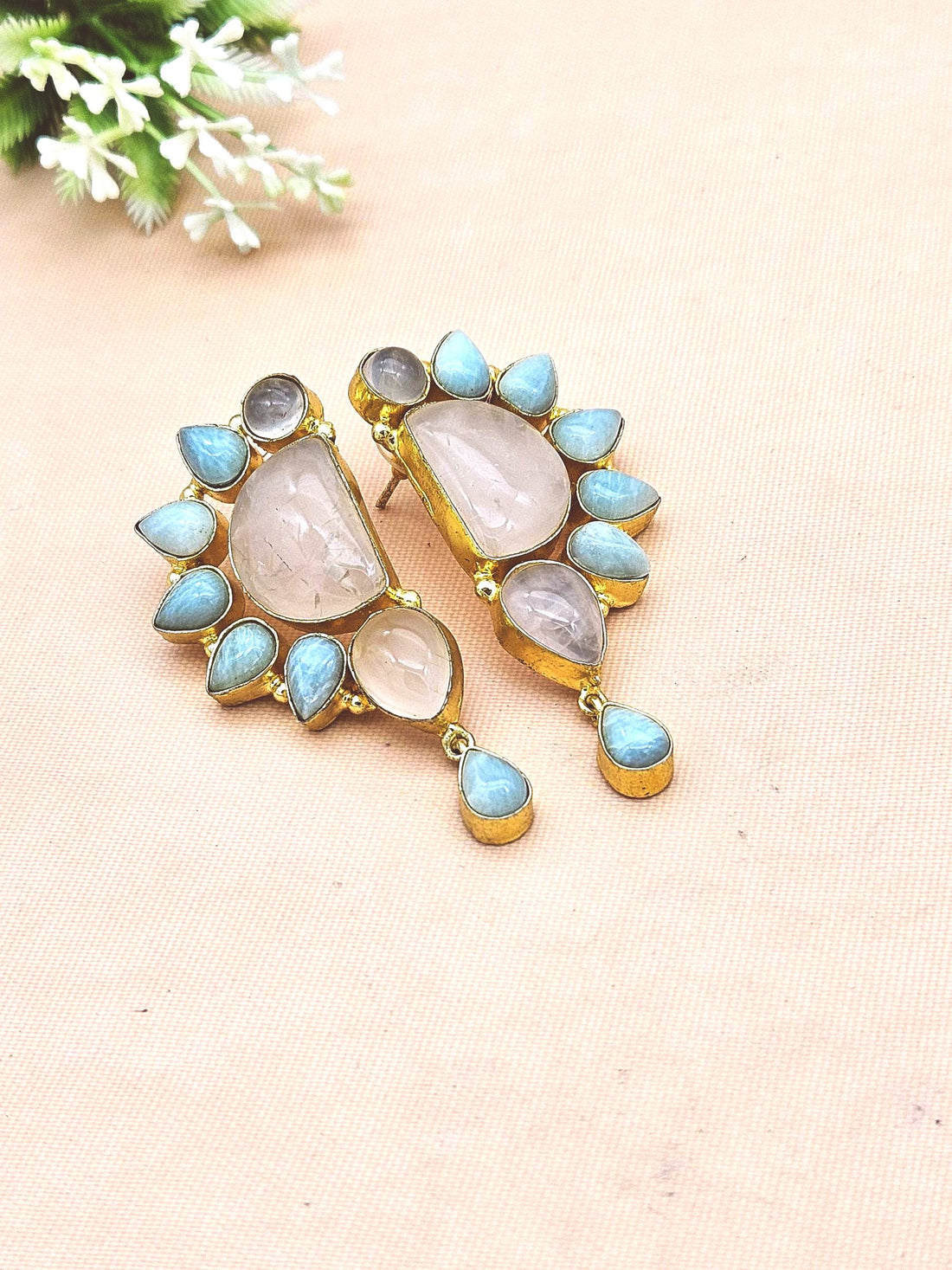 Elegant Gold Plated Rose Quartz-Amazonite Multi Gemstone Party Wear Designer Earrings