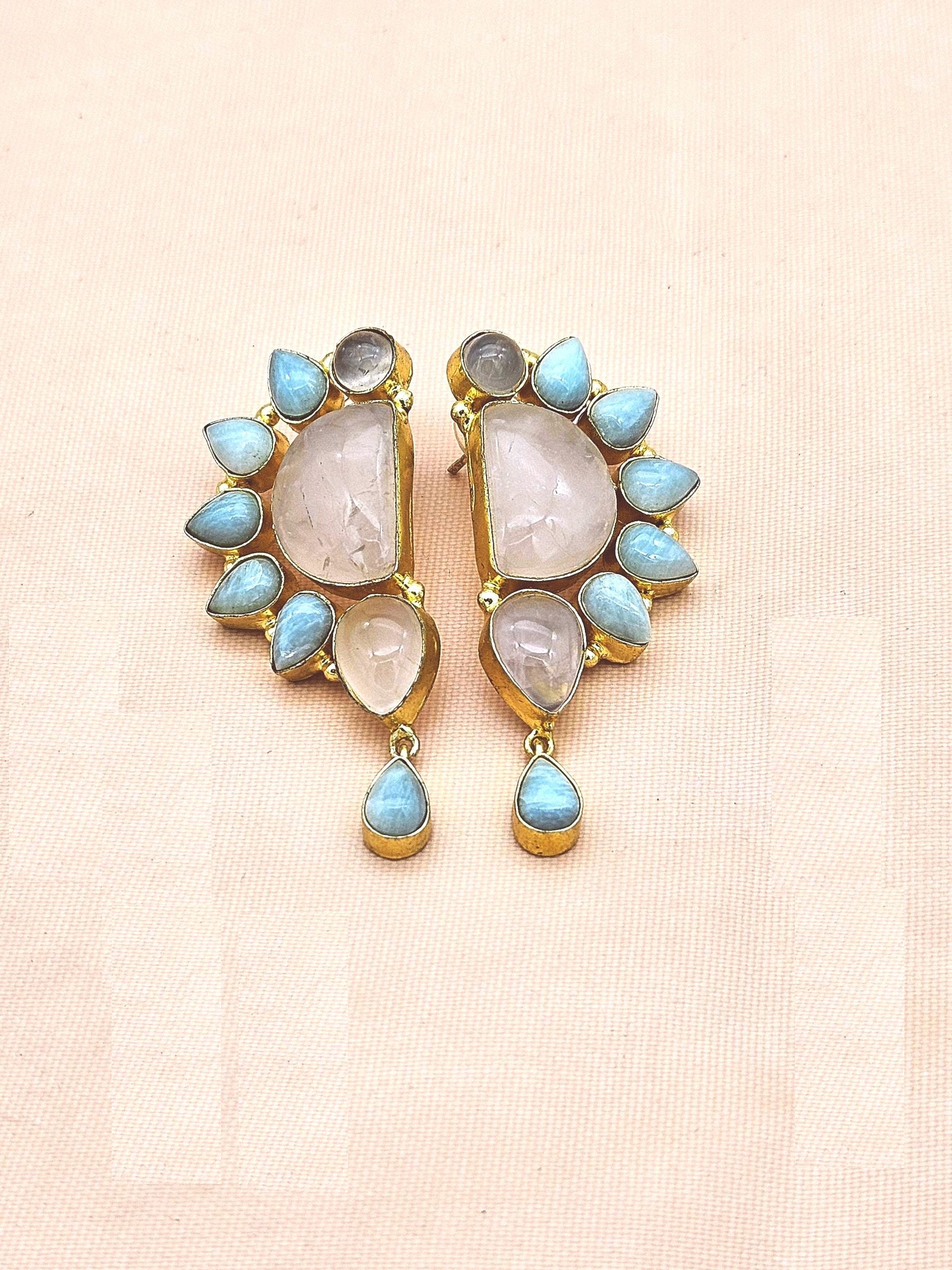 Elegant Gold Plated Rose Quartz-Amazonite Multi Gemstone Party Wear Designer Earrings