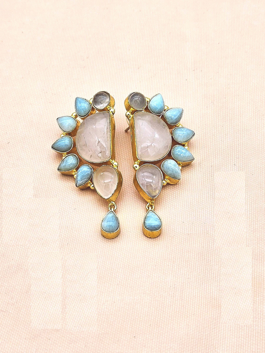 Elegant Gold Plated Rose Quartz-Amazonite Multi Gemstone Party Wear Designer Earrings