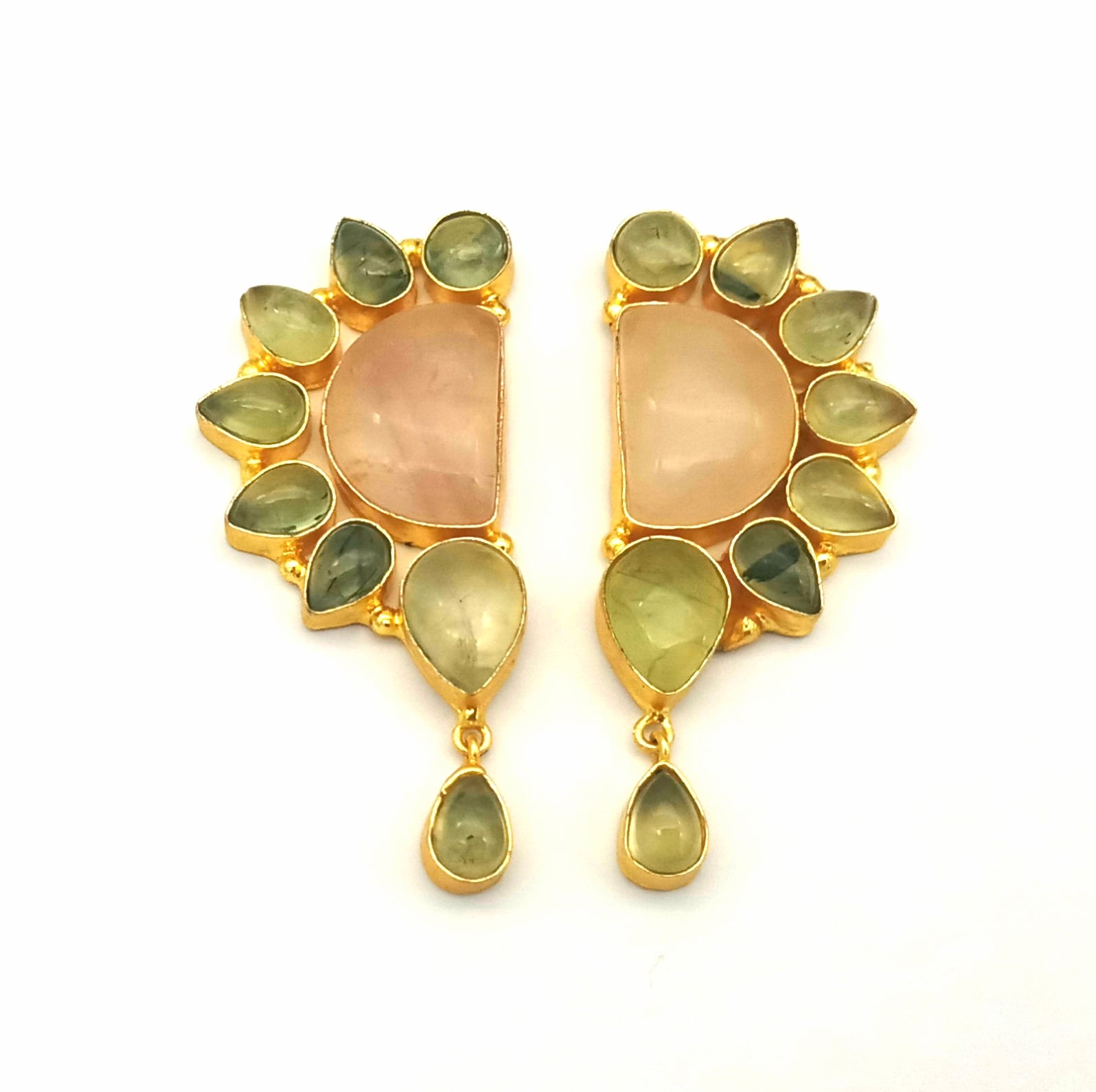 Handmade Rose Quartz-Prehnite Multi Gemstone Dangle Drop Earrings – Gold Plated Jewelry