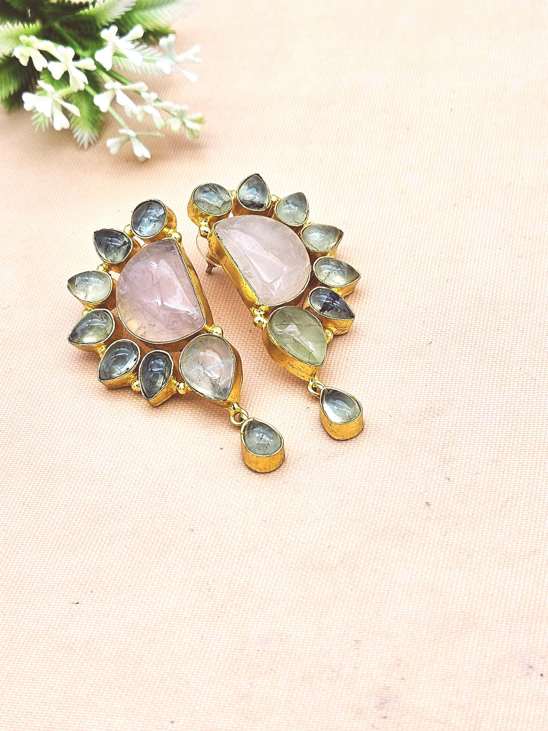 Handmade Rose Quartz-Prehnite Multi Gemstone Dangle Drop Earrings – Gold Plated Jewelry