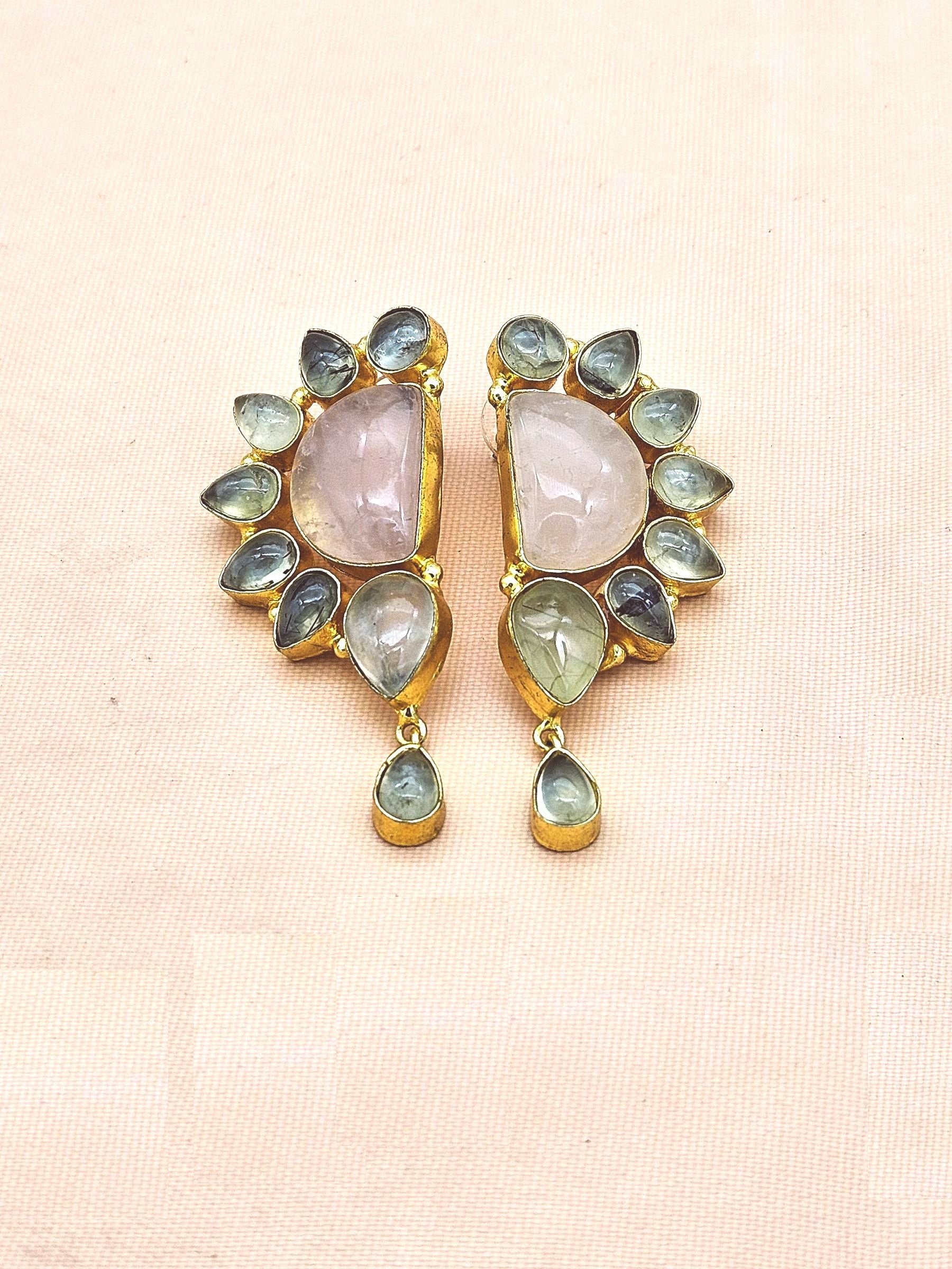 Handmade Rose Quartz-Prehnite Multi Gemstone Dangle Drop Earrings – Gold Plated Jewelry