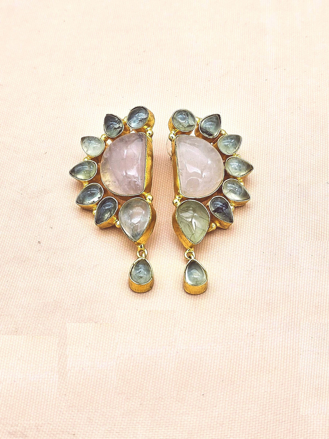 Handmade Rose Quartz-Prehnite Multi Gemstone Dangle Drop Earrings – Gold Plated Jewelry
