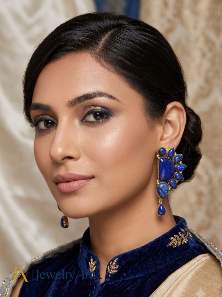 Designer earrings with labradorite, amethyst, and Monalisa stones for festive occasions

