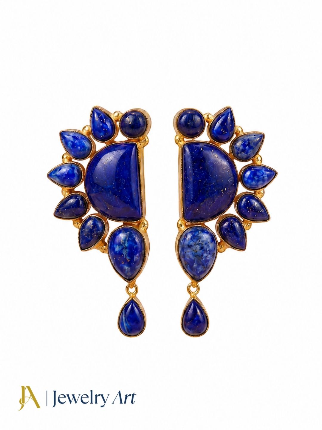 Gold plated lapis multi stone designer party earrings lapis lazuli stone and blue crystals on styled surface
