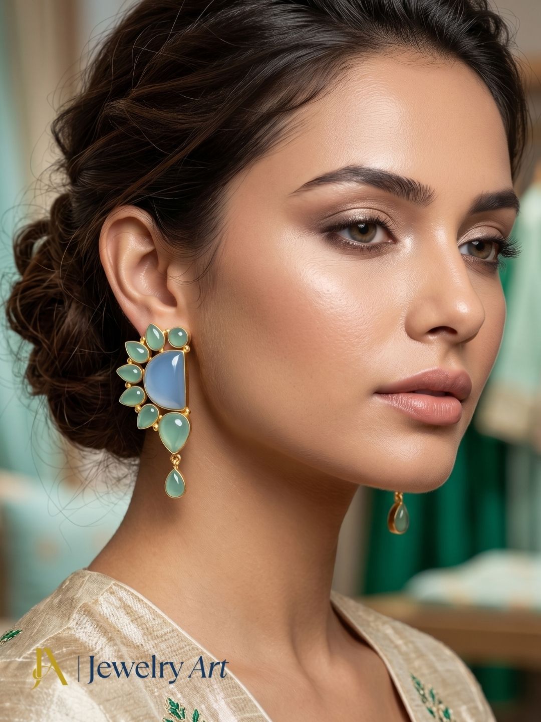 Handcrafted gemstone earrings with blue and green chalcedony stones and contemporary styling
