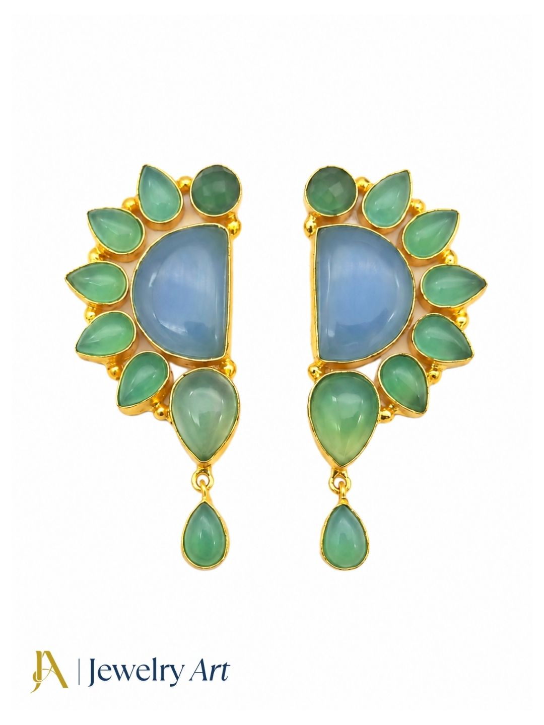 Premium Handcrafted Blue & Green Chalcedony Multi Gemstone Statement Dangle Earrings