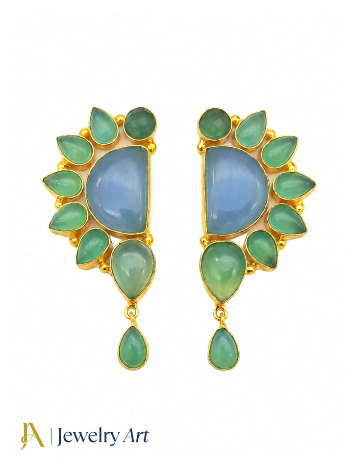 Premium Handcrafted Blue & Green Chalcedony Multi Gemstone Statement Dangle Earrings