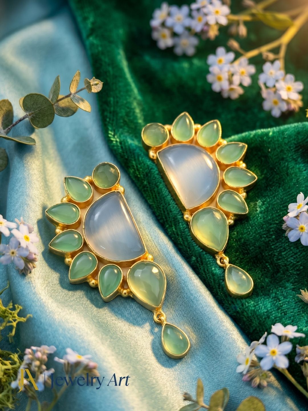 Premium Handcrafted Blue & Green Chalcedony Multi Gemstone Statement Dangle Earrings