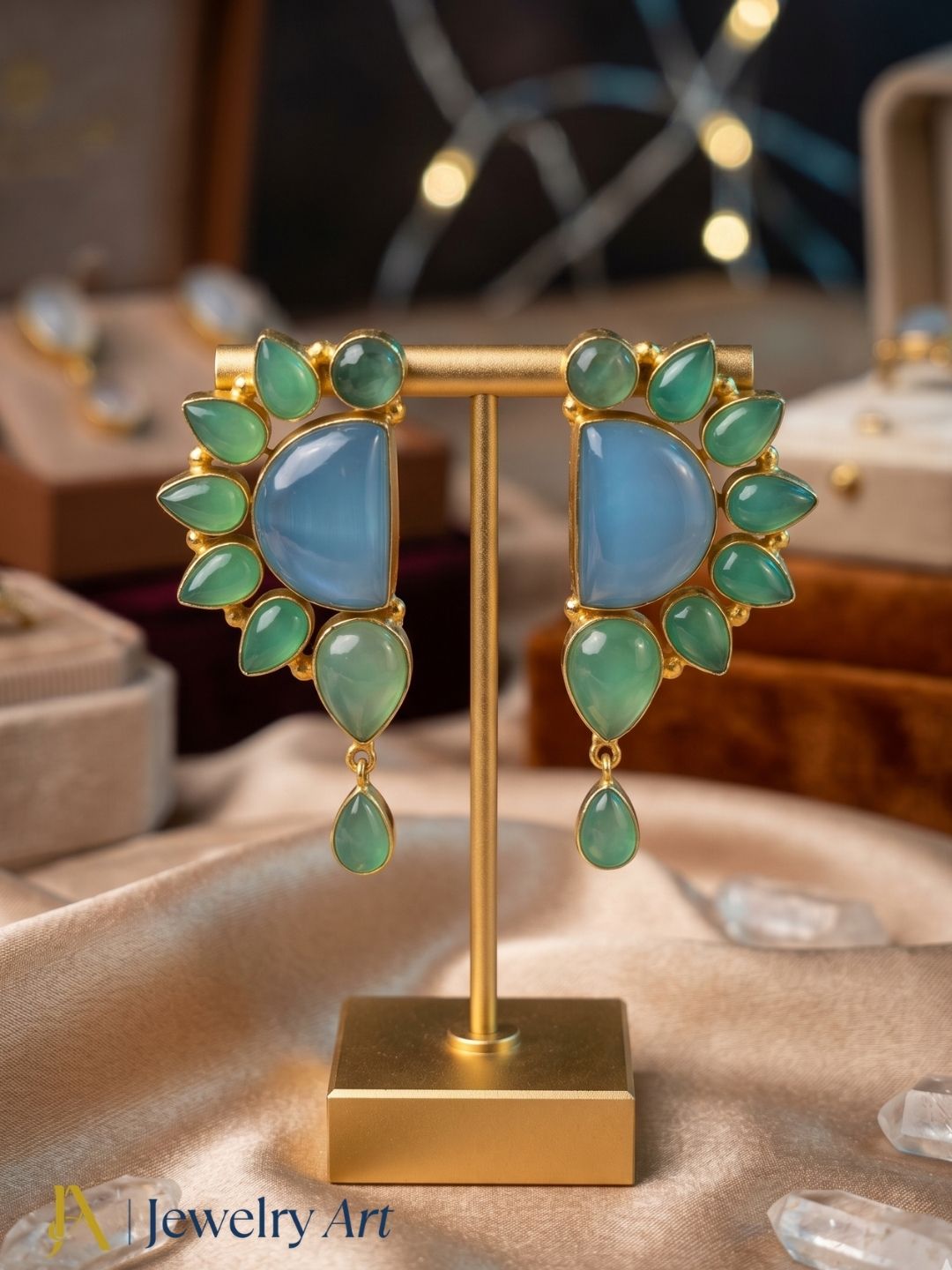 Premium Handcrafted Blue & Green Chalcedony Multi Gemstone Statement Dangle Earrings