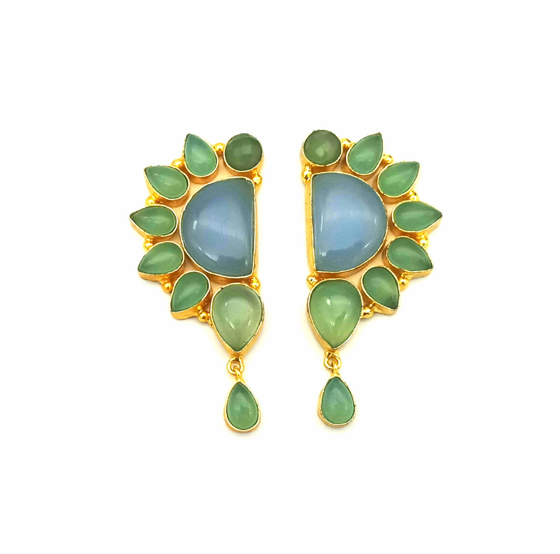 Premium Handcrafted Blue & Green Chalcedony Multi Gemstone Statement Dangle Earrings