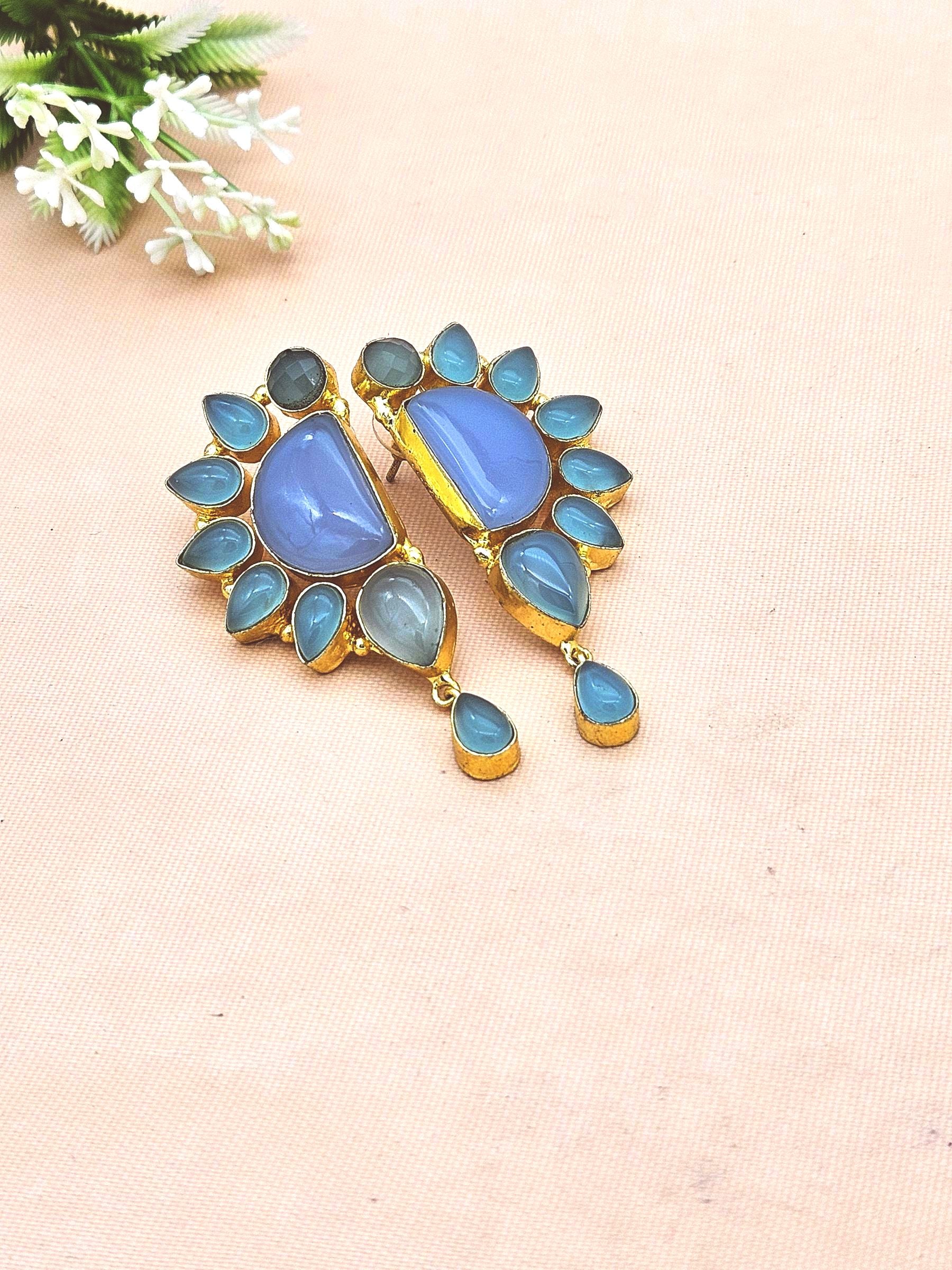 Premium Handcrafted Blue & Green Chalcedony Multi Gemstone Statement Dangle Earrings