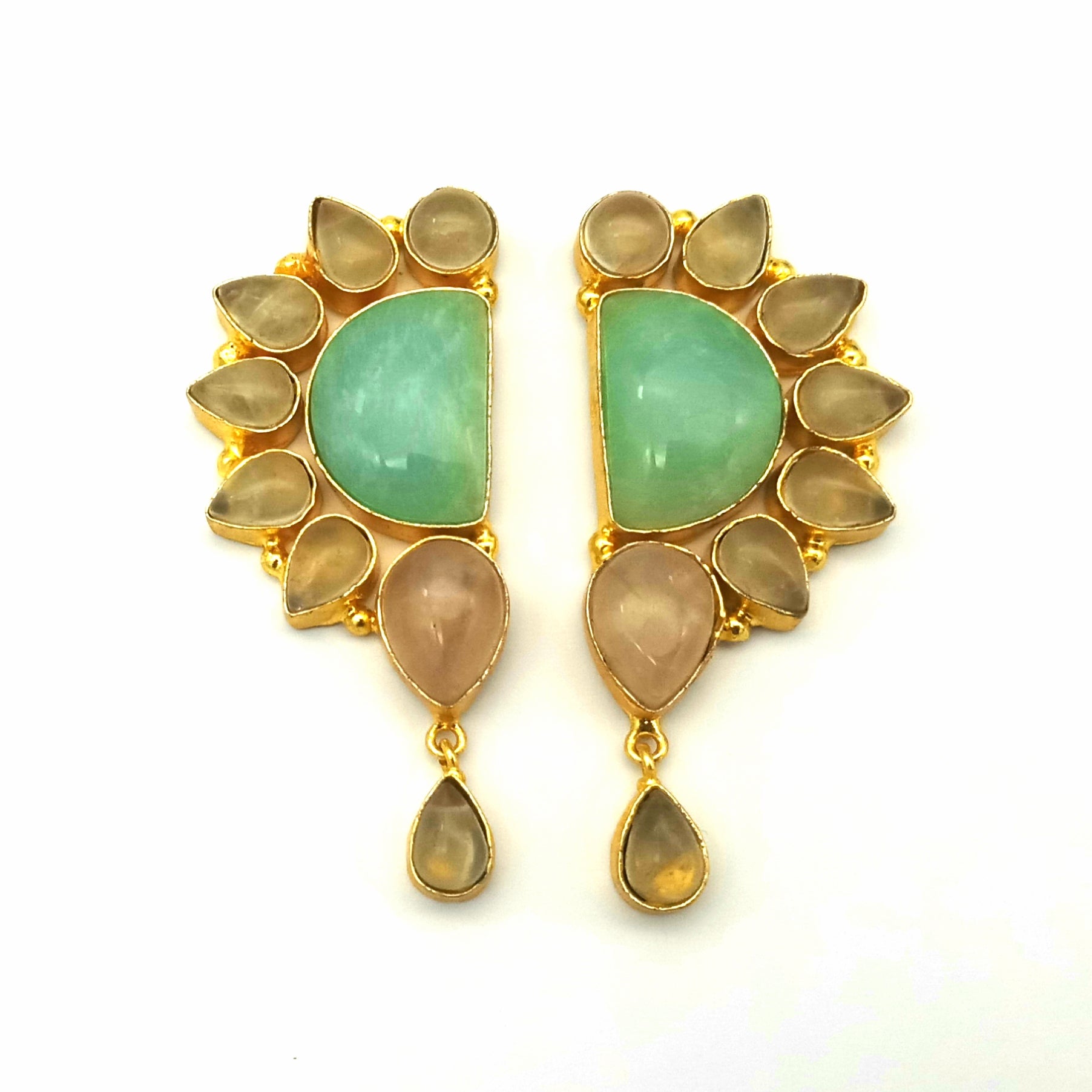 Contemporary Gold Plated Amazonite-Rose Quartz Multi Gemstone Party Wear Dangle Earrings