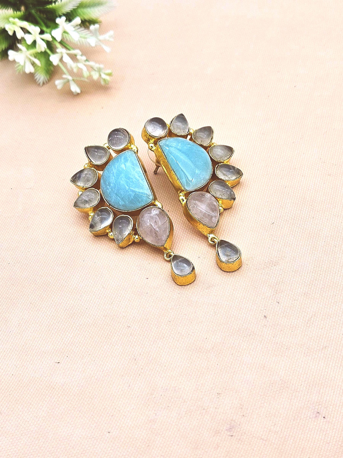 Contemporary Gold Plated Amazonite-Rose Quartz Multi Gemstone Party Wear Dangle Earrings