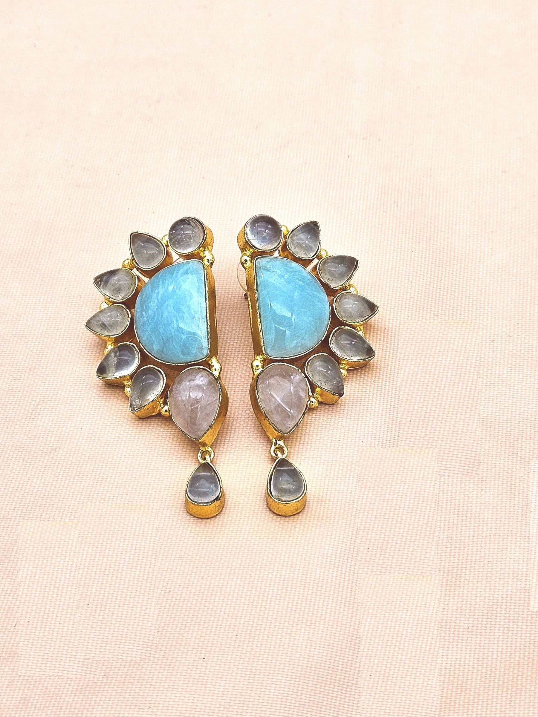 Contemporary Gold Plated Amazonite-Rose Quartz Multi Gemstone Party Wear Dangle Earrings