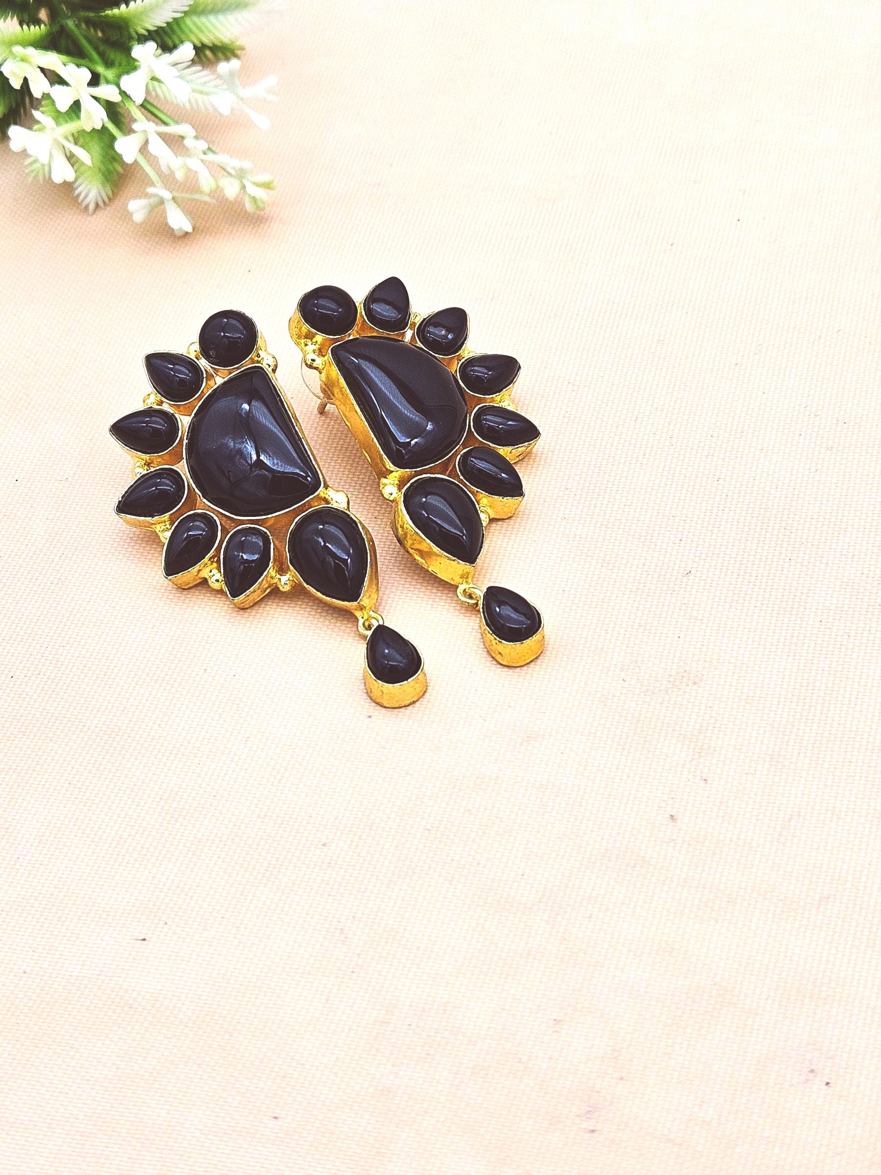 Premium Handcrafted Black Onyx Multi Gemstone Statement Dangle Earrings