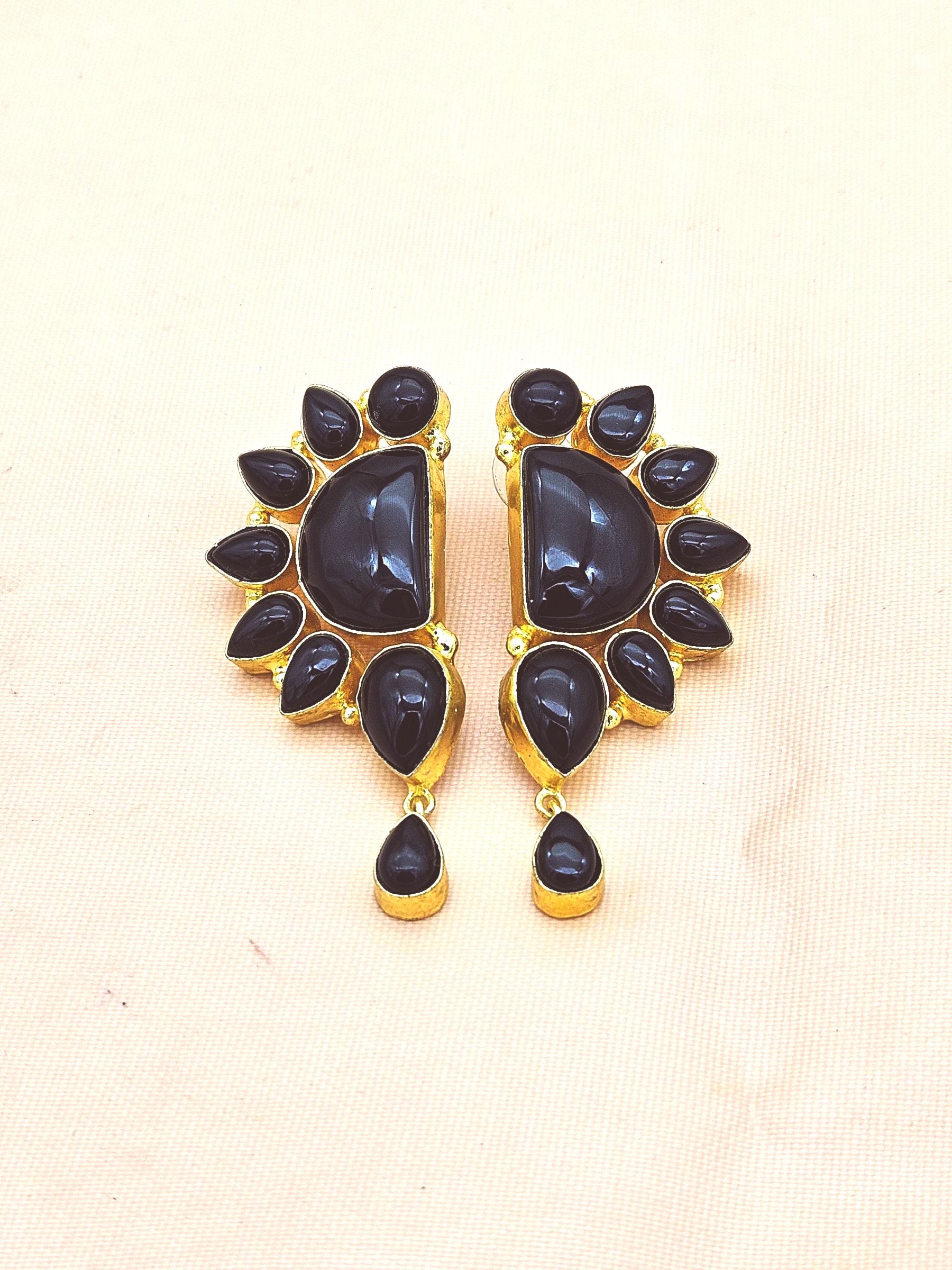 Premium Handcrafted Black Onyx Multi Gemstone Statement Dangle Earrings