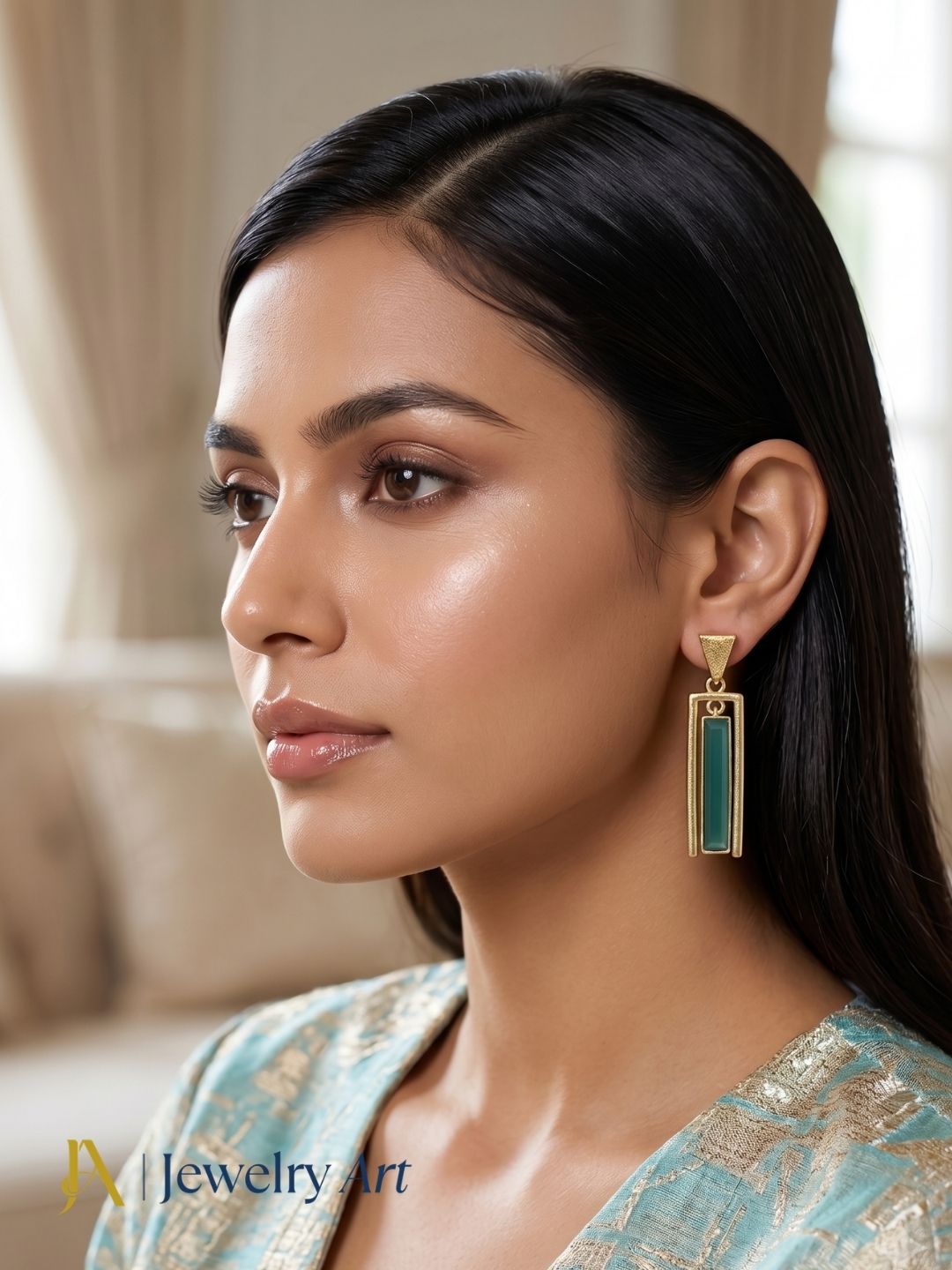 Contemporary gold plated aquamarine geometric designer dangle earrings for women 
